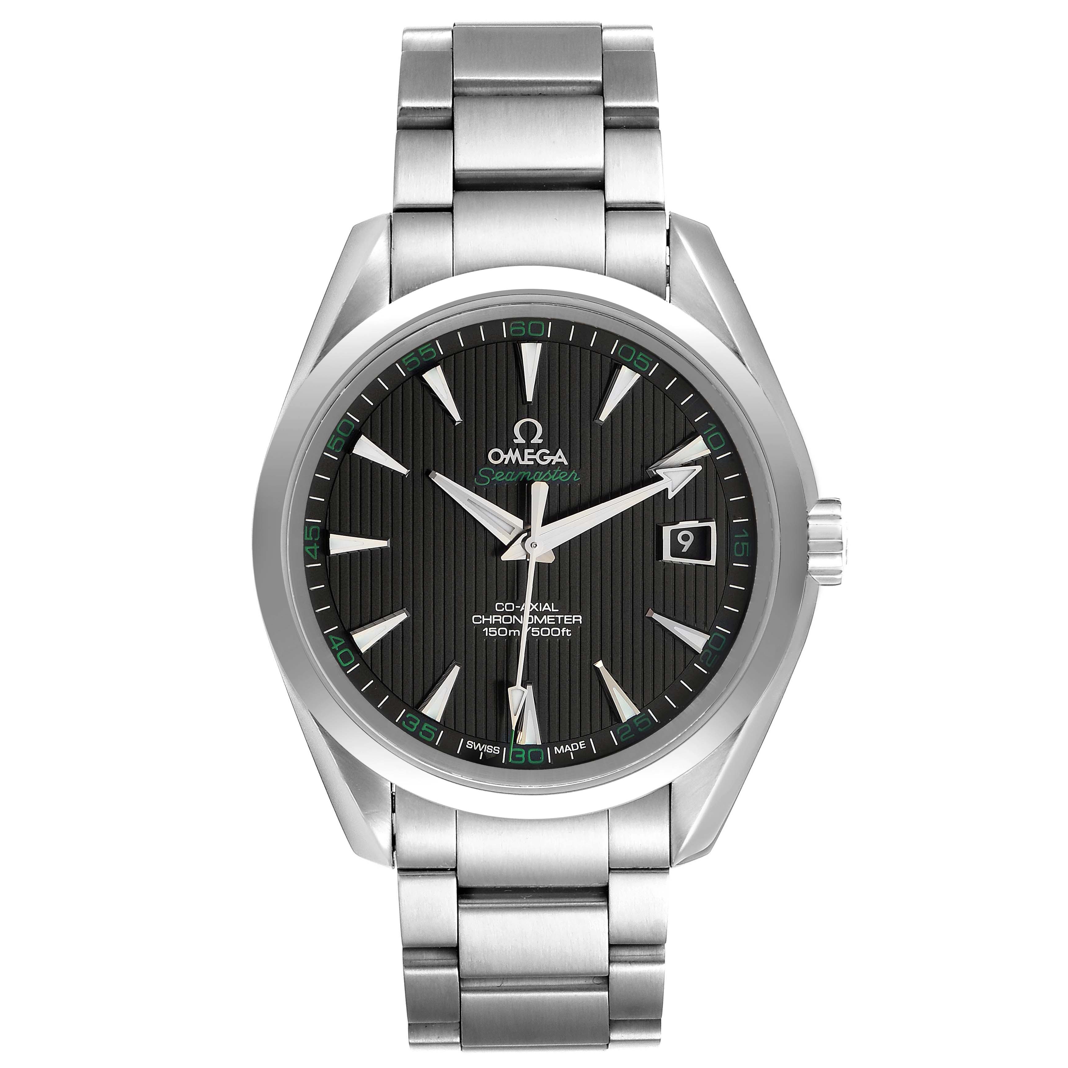 The image shows a front view of the Omega Aqua Terra 231.10.42.21.01.001 Men's Stainless Steel Black Dial 231.10.42.21.01.001 Men's Stainless Steel Black Dial watch, highlighting its dial, hands, bezel, and bracelet.