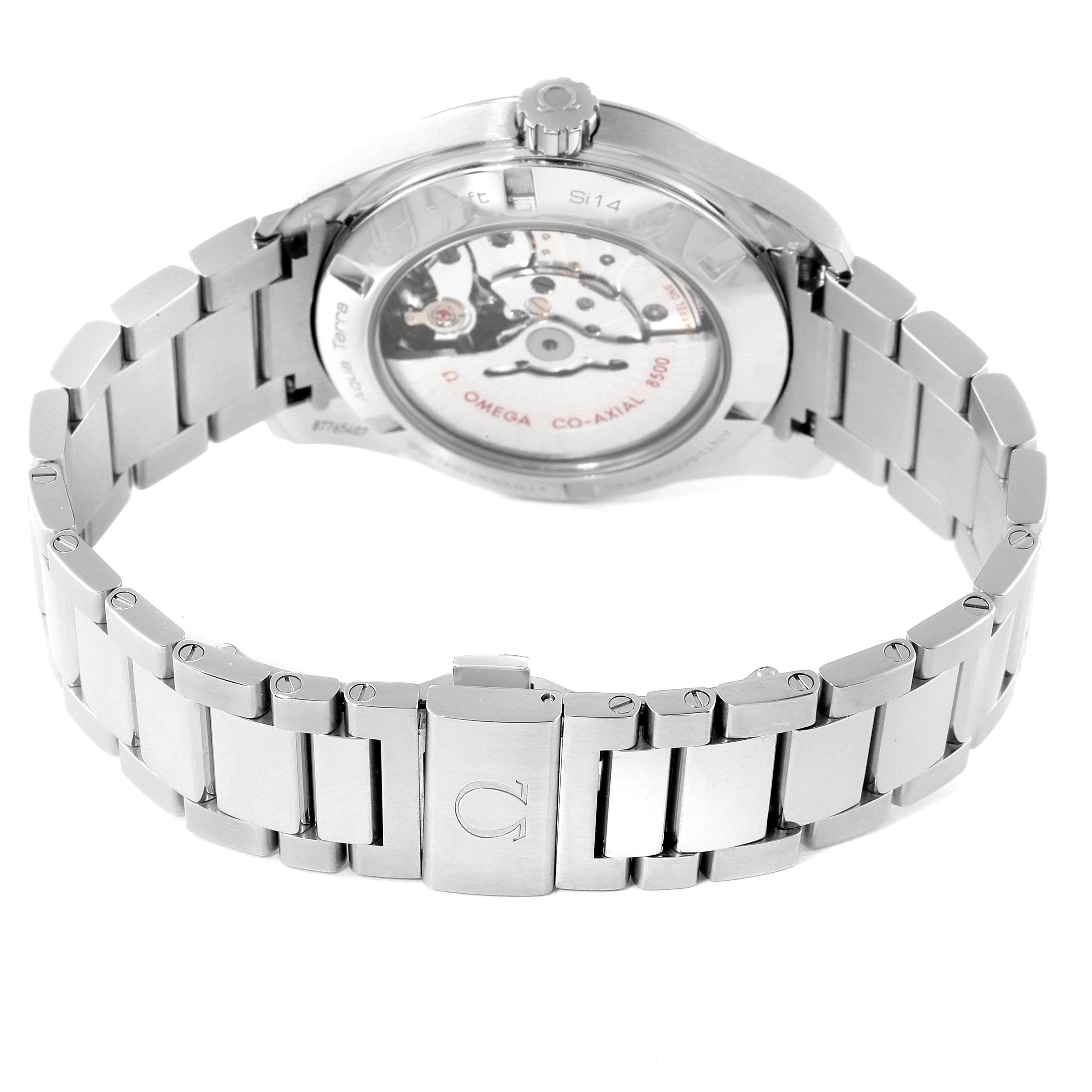 The image shows the back and bracelet of the Omega Aqua Terra 231.10.42.21.01.004 Men's Stainless Steel Black Dial 231.10.42.21.01.004 Men's Stainless Steel Black Dial watch, highlighting its transparent case back and metal strap.