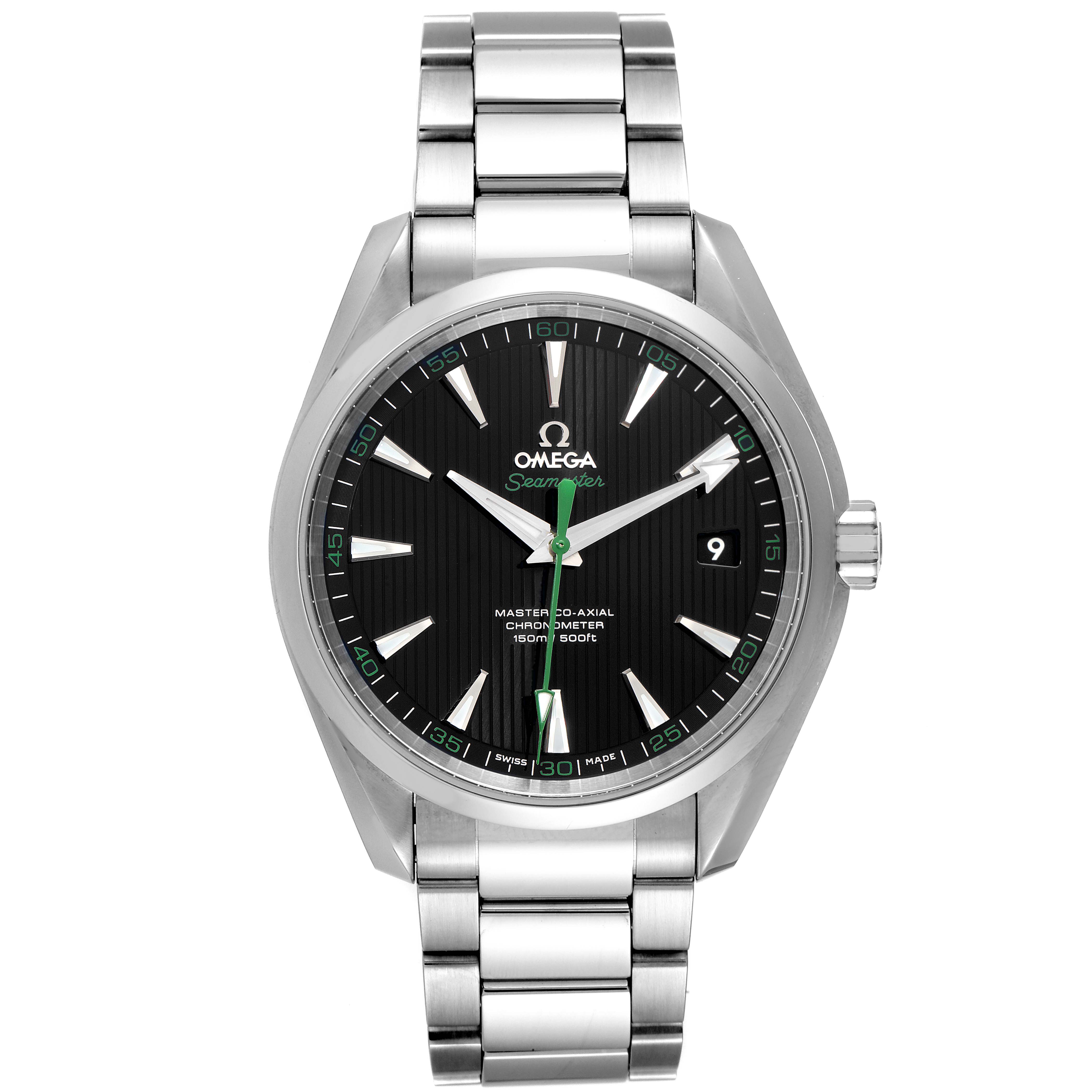 The image shows a frontal view of the Omega Aqua Terra 231.10.42.21.01.004 Men's Stainless Steel Black Dial 231.10.42.21.01.004 Men's Stainless Steel Black Dial watch, highlighting its face, dial, hands, and metal bracelet.