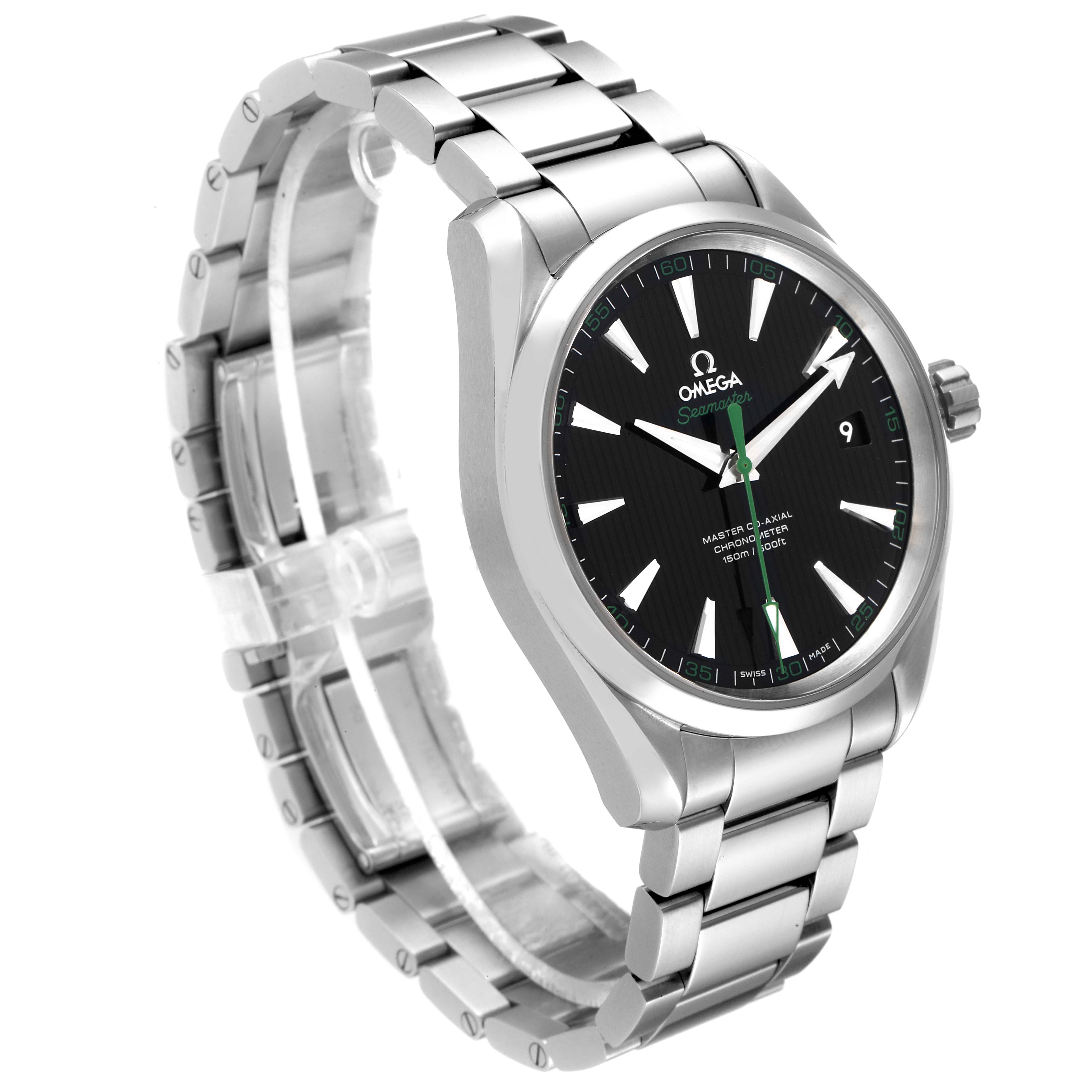 The Omega Aqua Terra 231.10.42.21.01.004 Men's Stainless Steel Black Dial 231.10.42.21.01.004 Men's Stainless Steel Black Dial watch is shown at a three-quarter angle, highlighting its stainless steel bracelet and black dial.