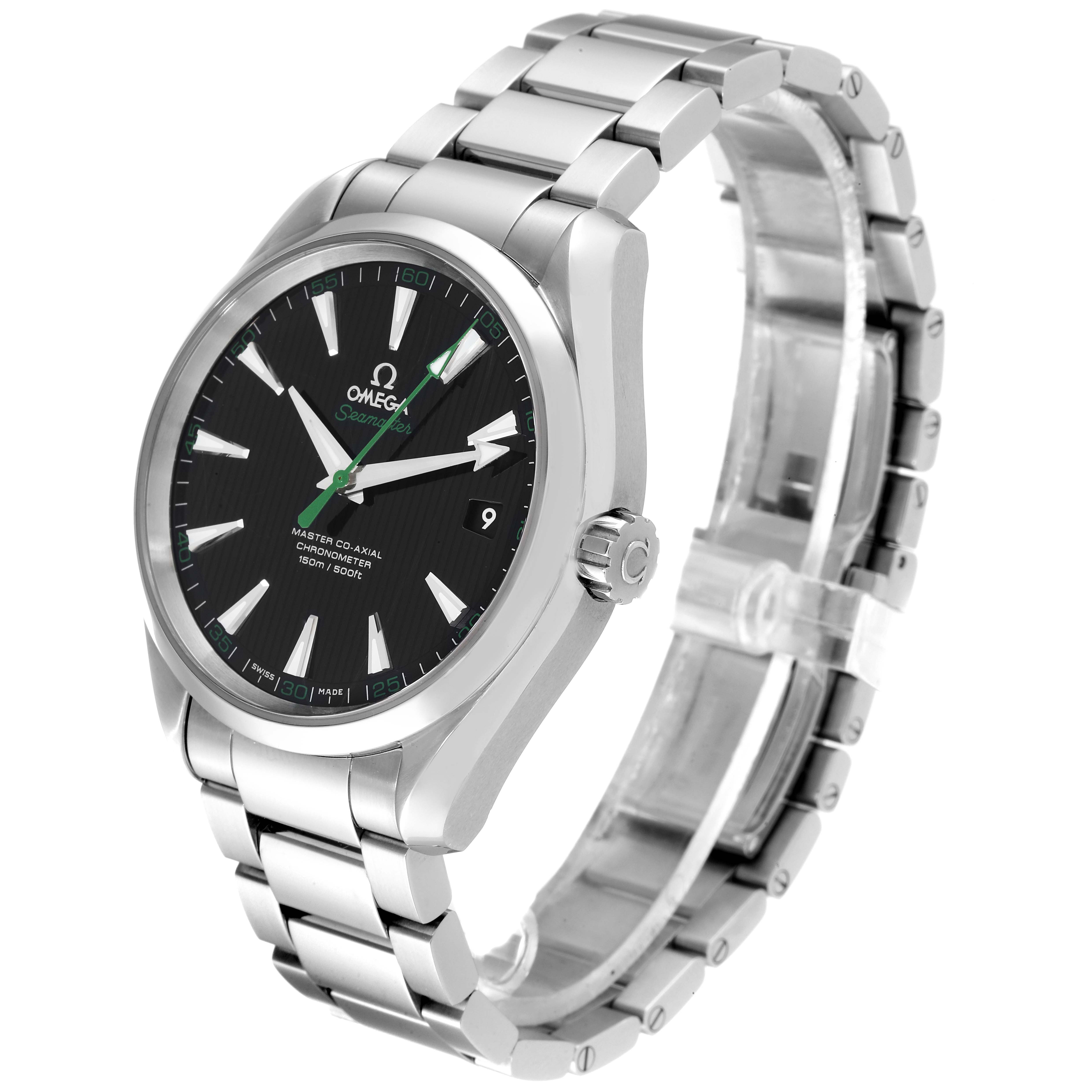 The Omega Aqua Terra 231.10.42.21.01.004 Men's Stainless Steel Black Dial 231.10.42.21.01.004 Men's Stainless Steel Black Dial watch is shown at an angled side view, highlighting the face, bezel, crown, and bracelet.