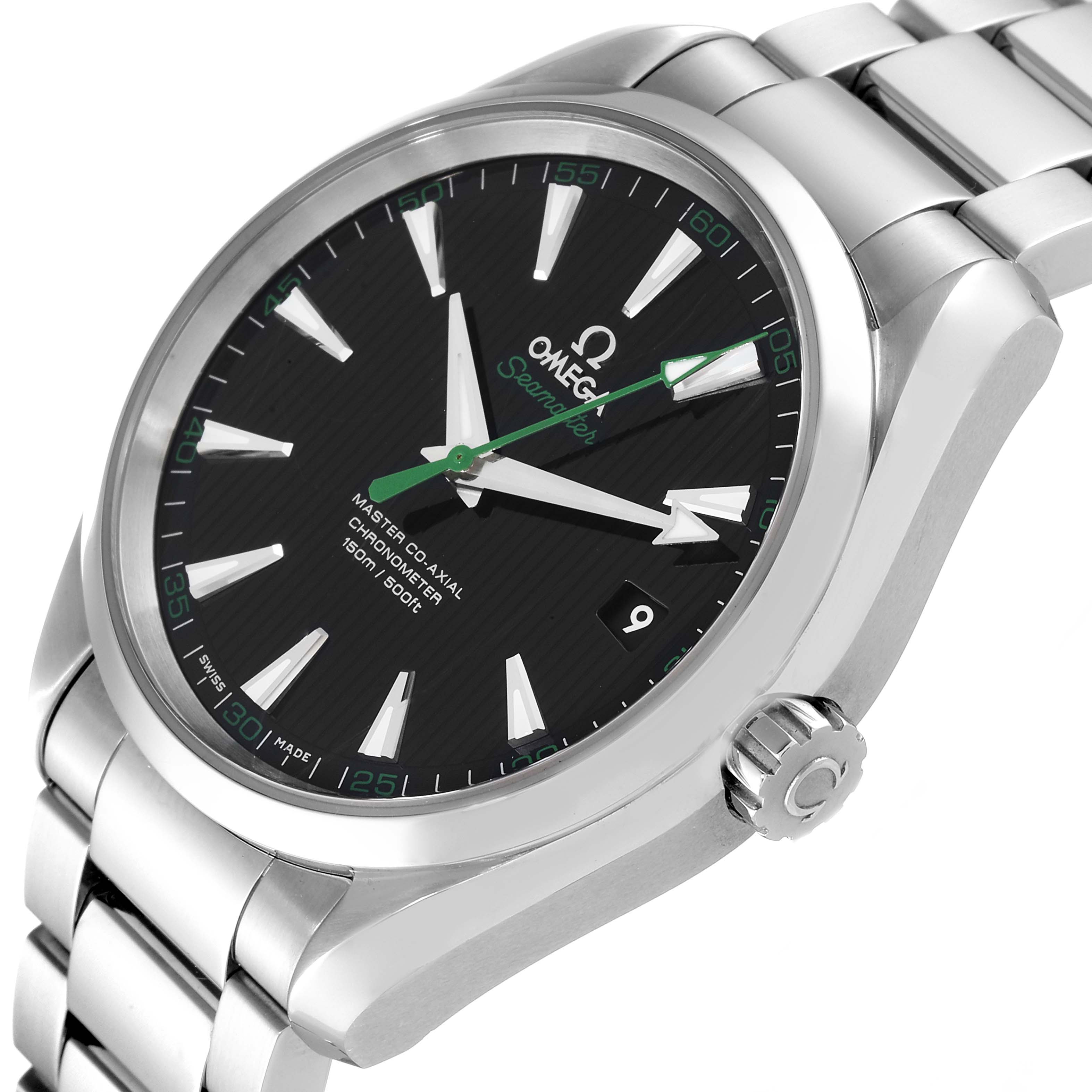 The Omega Aqua Terra 231.10.42.21.01.004 Men's Stainless Steel Black Dial 231.10.42.21.01.004 Men's Stainless Steel Black Dial watch is shown from an angled front view, highlighting its black dial, metal bezel, crown, and metal bracelet.