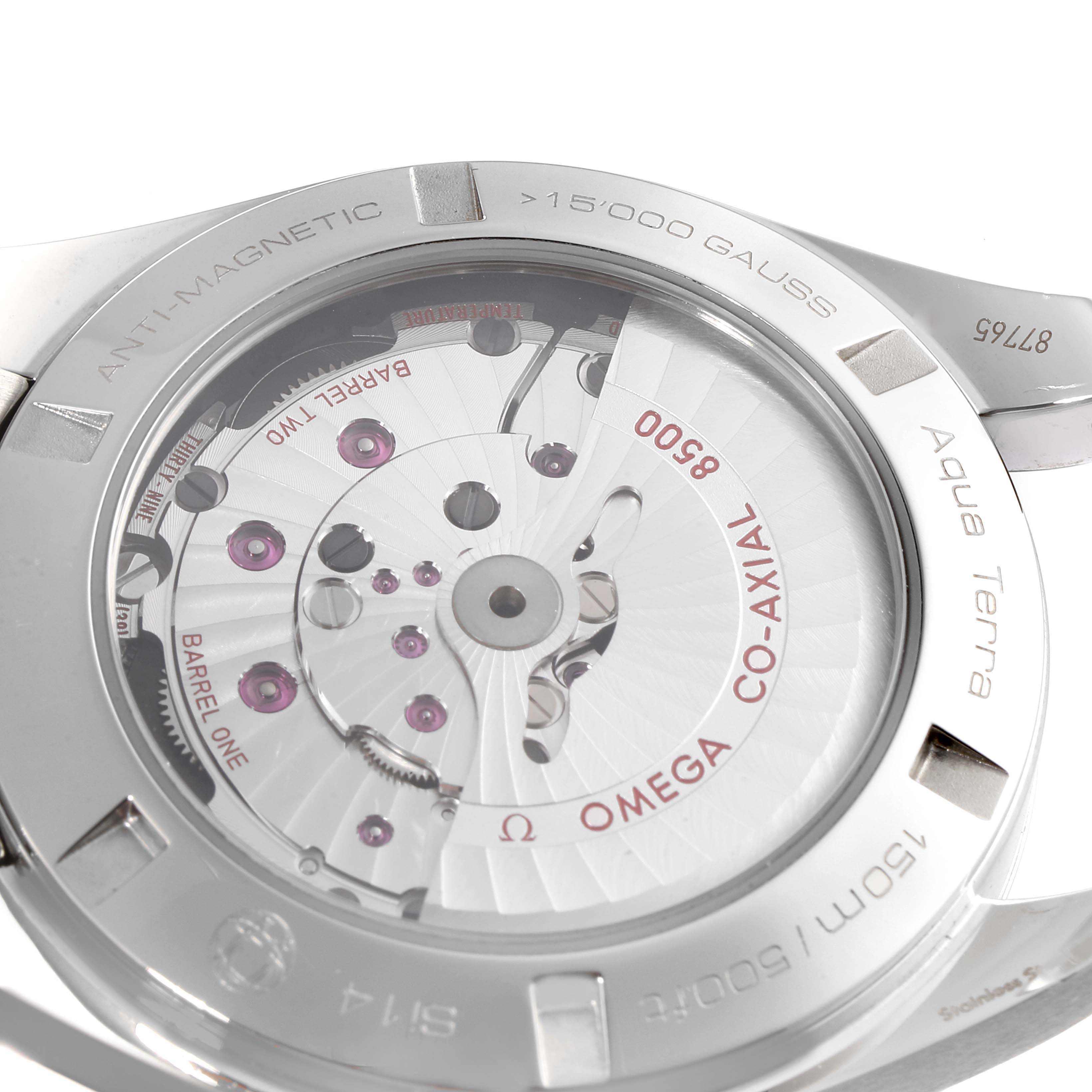 The image shows the back view of an Omega Aqua Terra 231.10.42.21.01.004 Men's Stainless Steel Black Dial 231.10.42.21.01.004 Men's Stainless Steel Black Dial watch, revealing its Co-Axial 8500 movement.