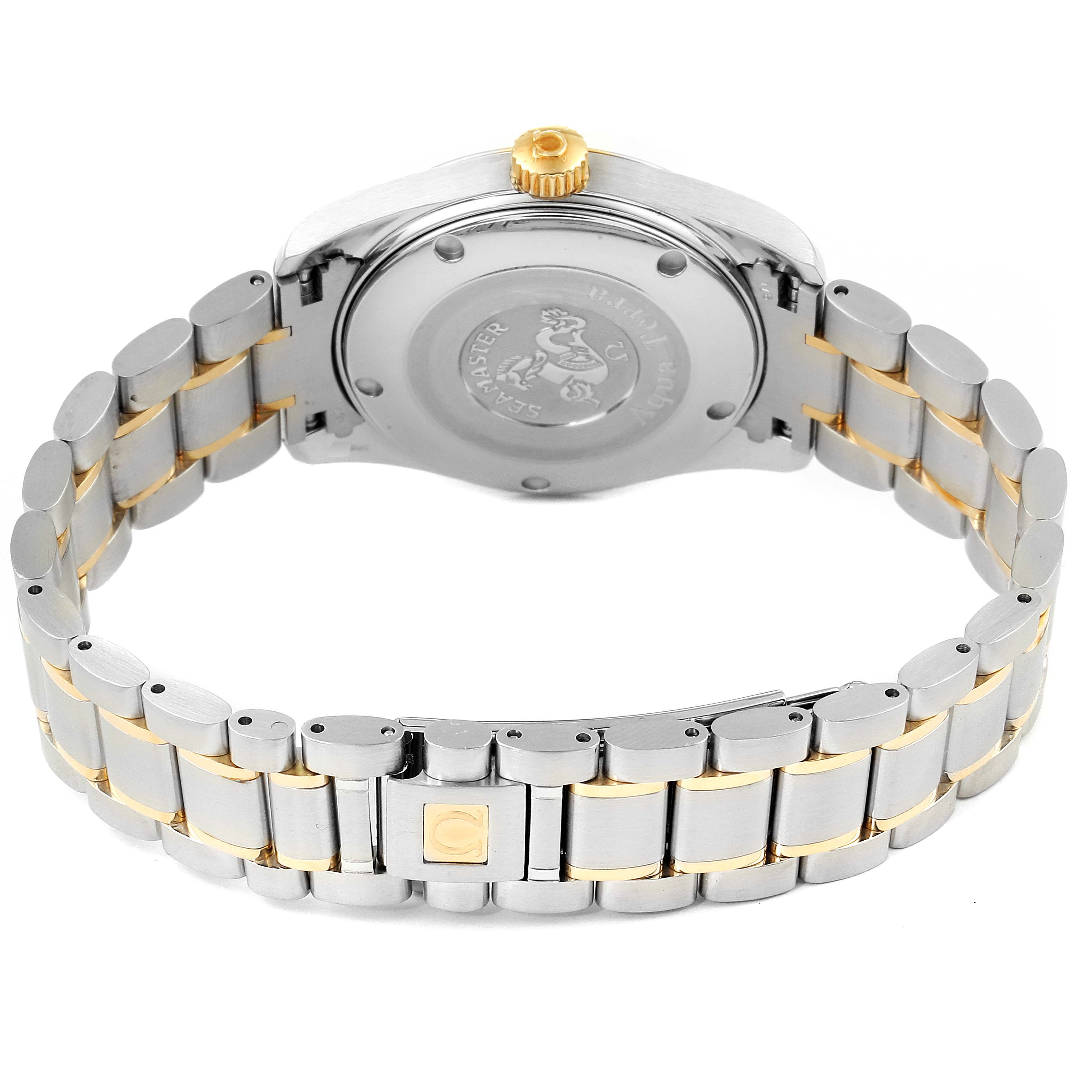 The image shows the back case, crown, and bracelet of the Omega Aqua Terra 2318.30.00 Men's Steel and Gold (two tone) Silver Dial 2318.30.00 Men's Steel and Gold (two tone) Silver Dial watch, highlighting its two-tone metal design.