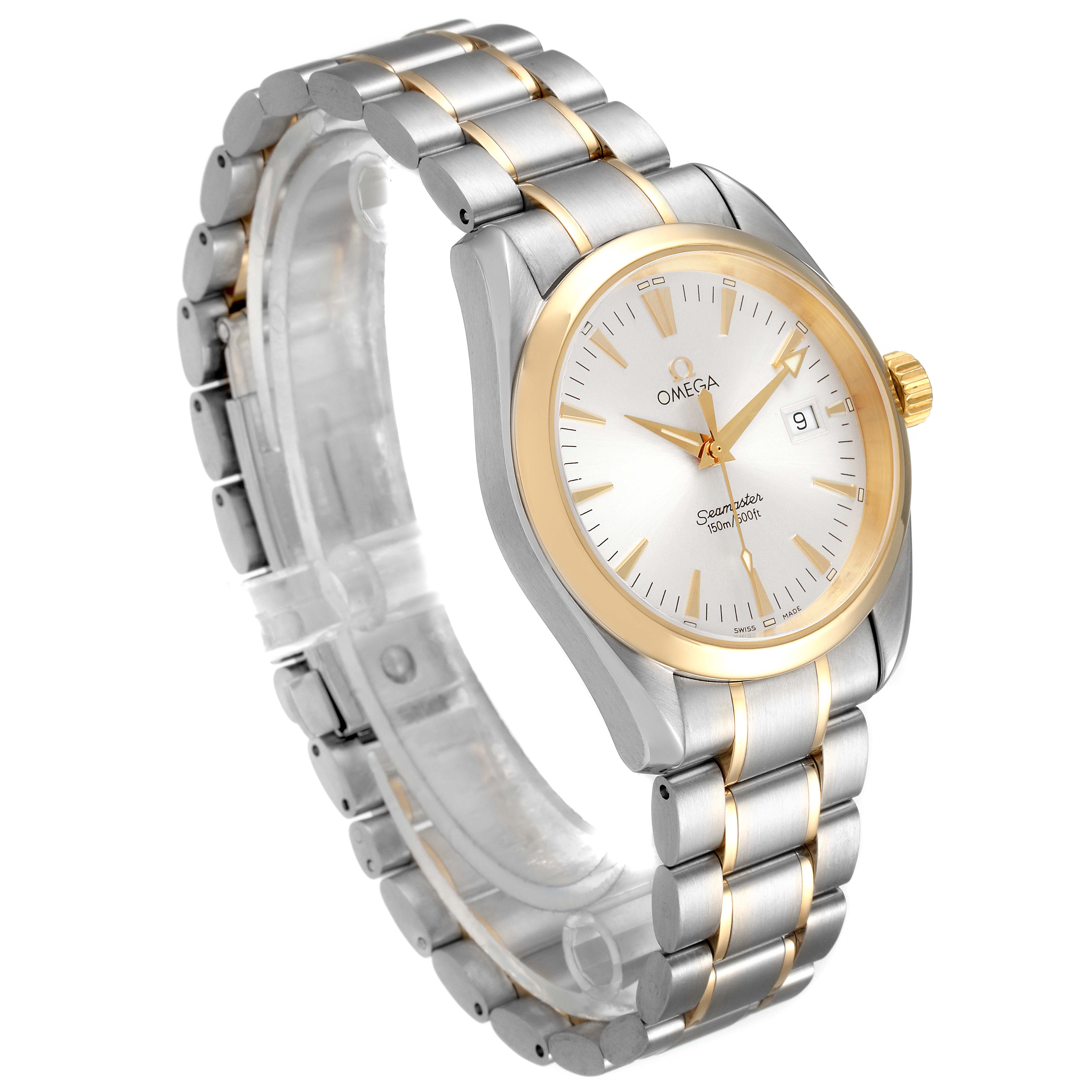 This image shows an angled view of an Omega Aqua Terra 2318.30.00 Men's Steel and Gold (two tone) Silver Dial 2318.30.00 Men's Steel and Gold (two tone) Silver Dial watch, displaying the face, bezel, and metal bracelet.