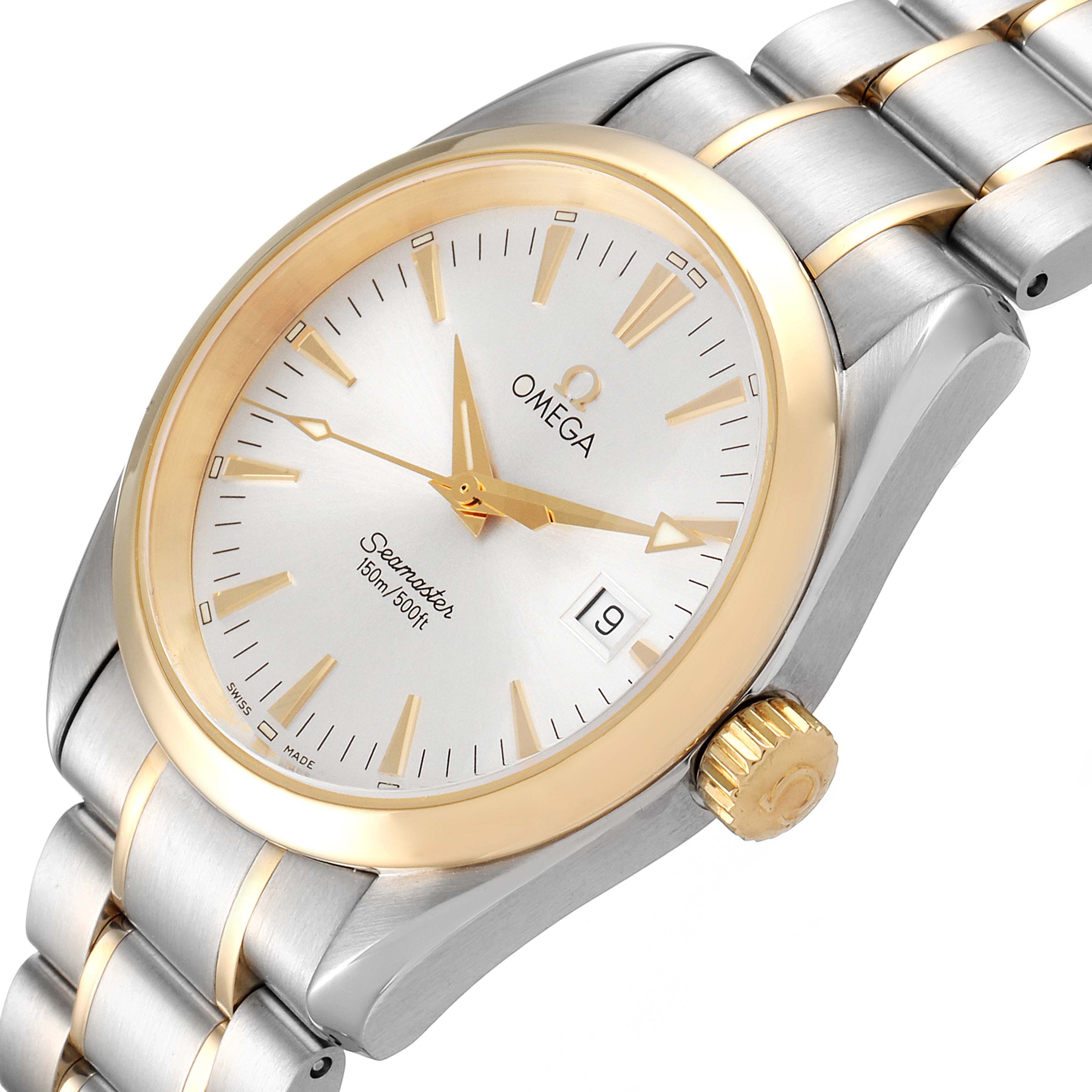 The image shows a close-up angled view of an Omega Aqua Terra 2318.30.00 Men's Steel and Gold (two tone) Silver Dial 2318.30.00 Men's Steel and Gold (two tone) Silver Dial watch, highlighting the dial, bezel, crown, and part of the bracelet.