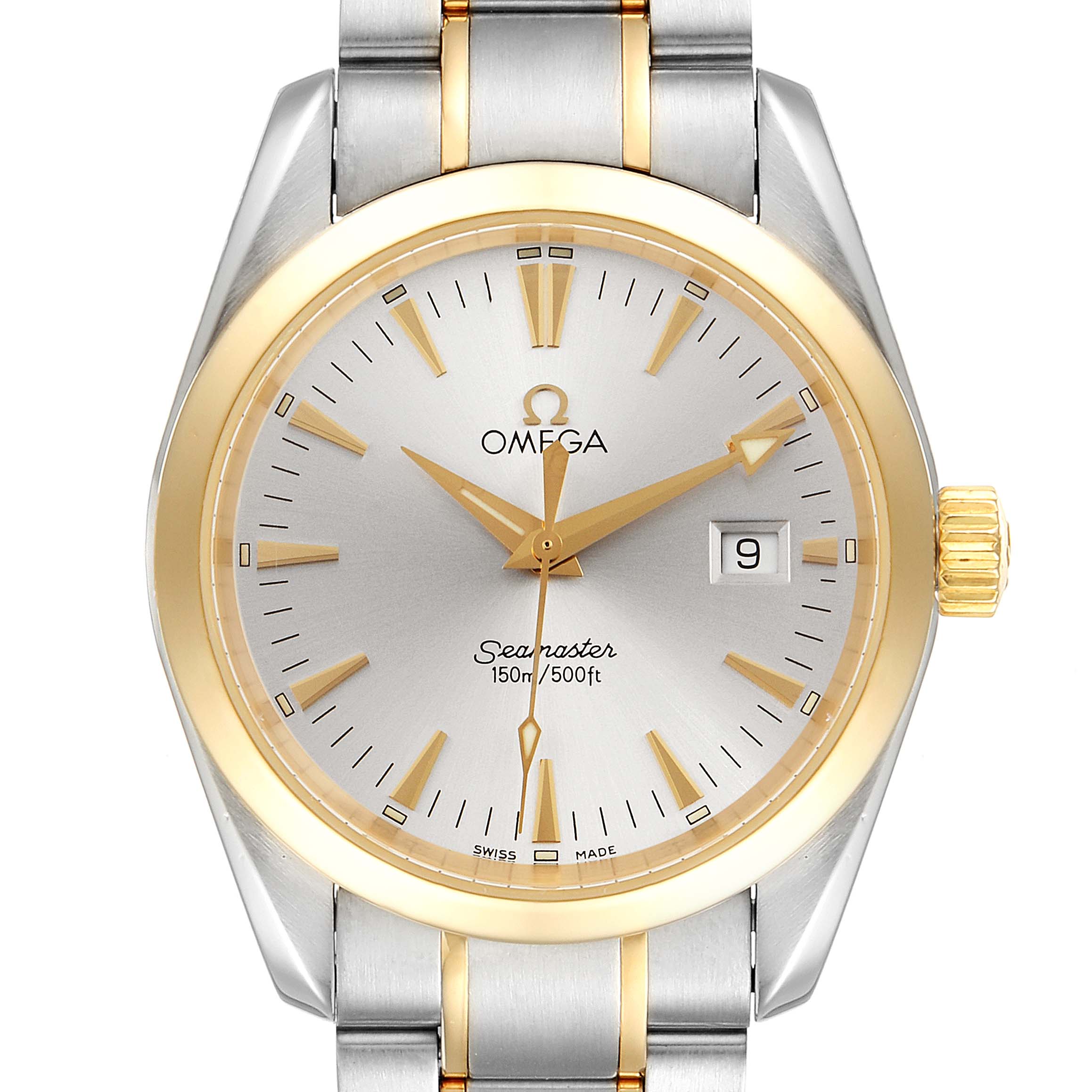 The image shows a front view of the Omega Aqua Terra 2318.30.00 Men's Steel and Gold (two tone) Silver Dial 2318.30.00 Men's Steel and Gold (two tone) Silver Dial Seamaster watch, highlighting its silver dial, gold bezel, and two-tone bracelet.