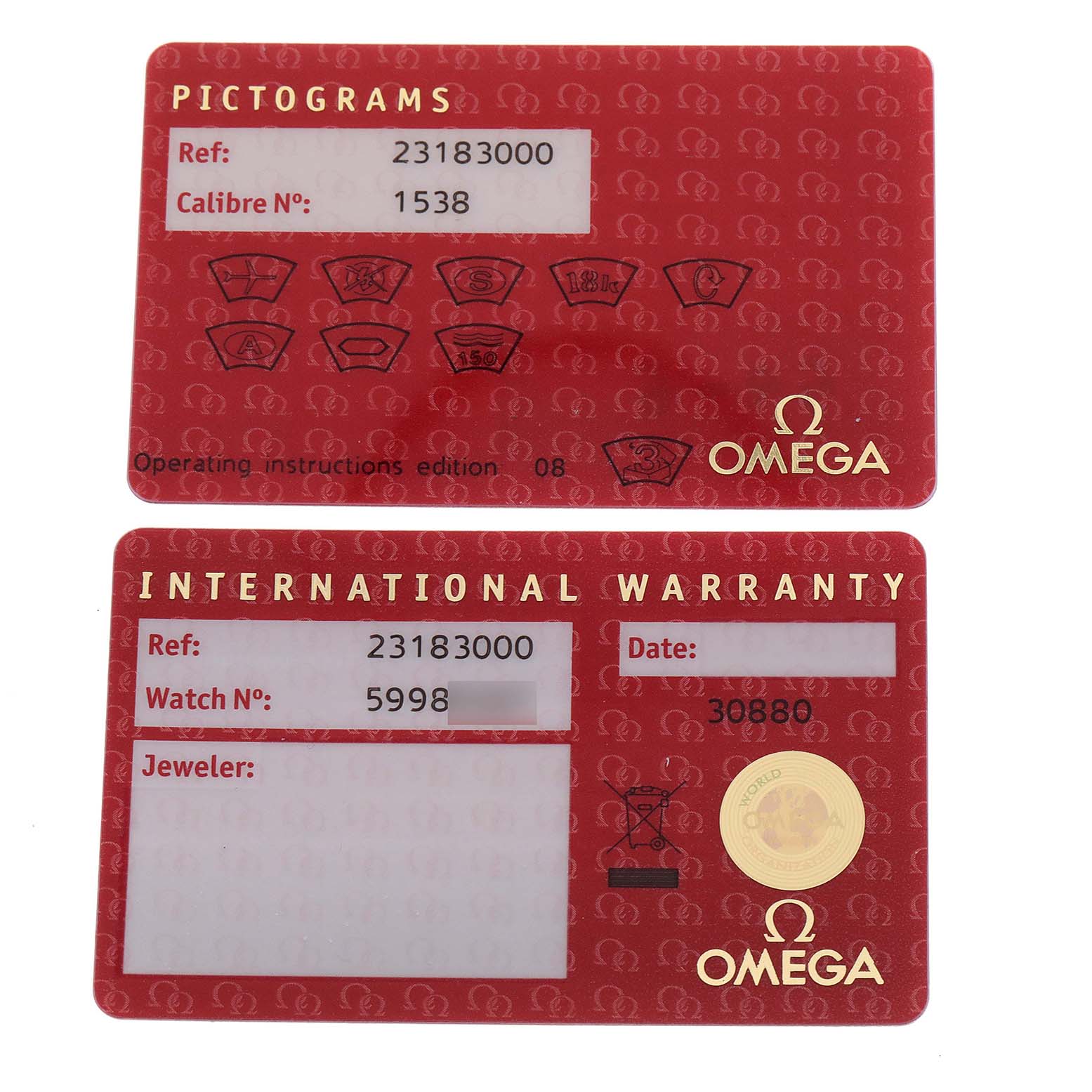The image shows the Pictograms card and International Warranty card for the Omega Aqua Terra 2318.30.00 Men's Steel and Gold (two tone) Silver Dial 2318.30.00 Men's Steel and Gold (two tone) Silver Dial model.