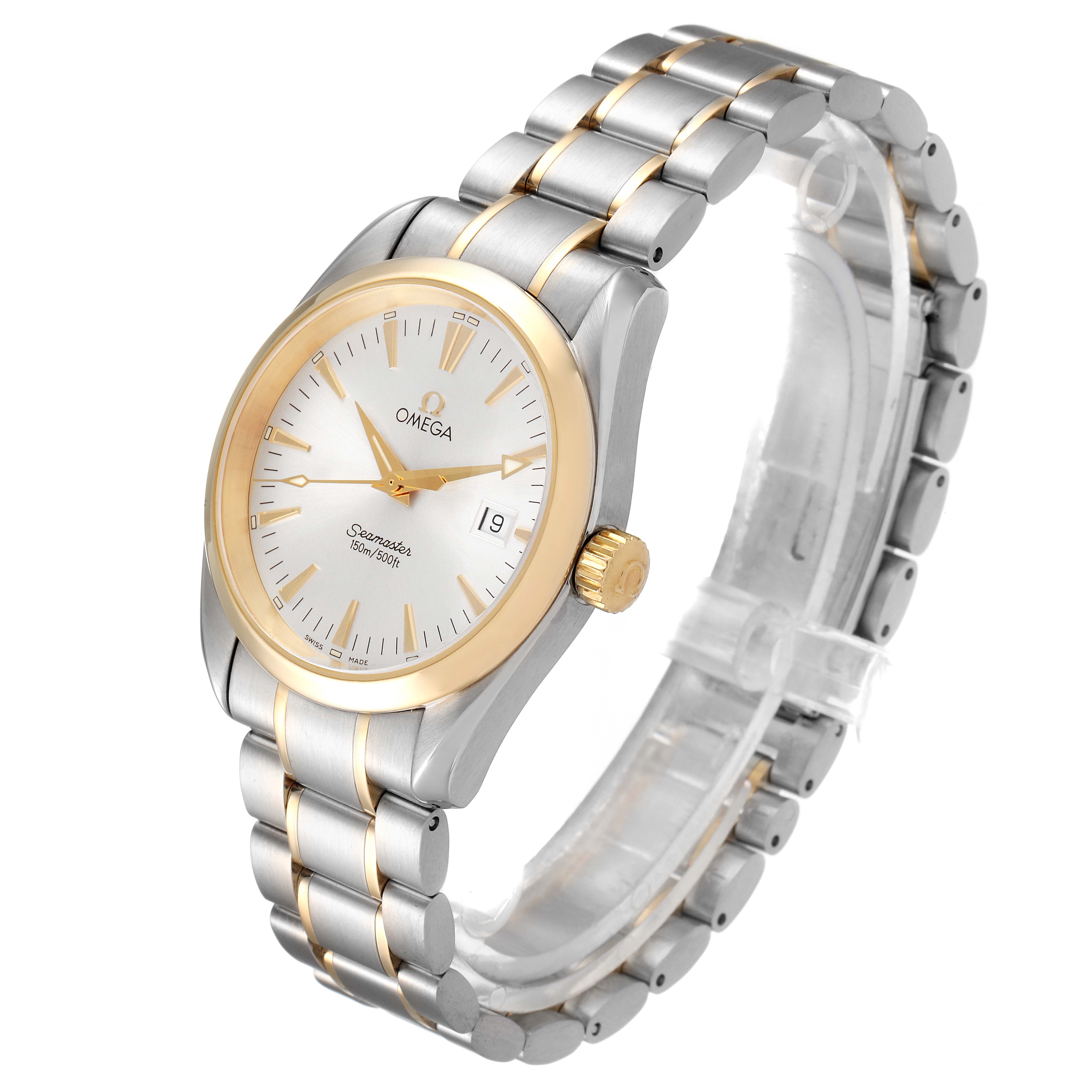 The Omega Aqua Terra 2318.30.00 Men's Steel and Gold (two tone) Silver Dial 2318.30.00 Men's Steel and Gold (two tone) Silver Dial watch is shown at an angled perspective, displaying the face, crown, and metal bracelet.