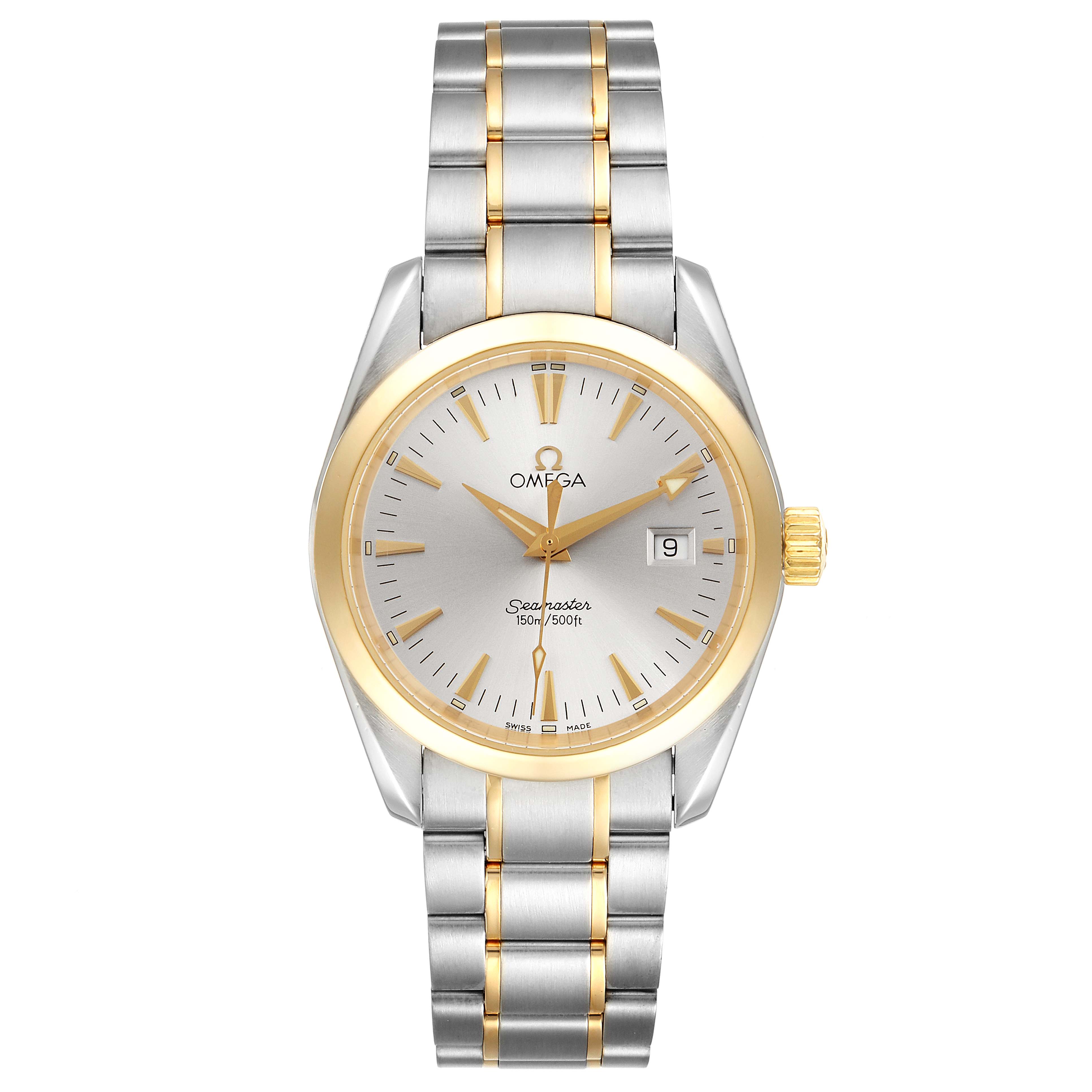 This image shows a front view of the Omega Seamaster Aqua Terra watch.