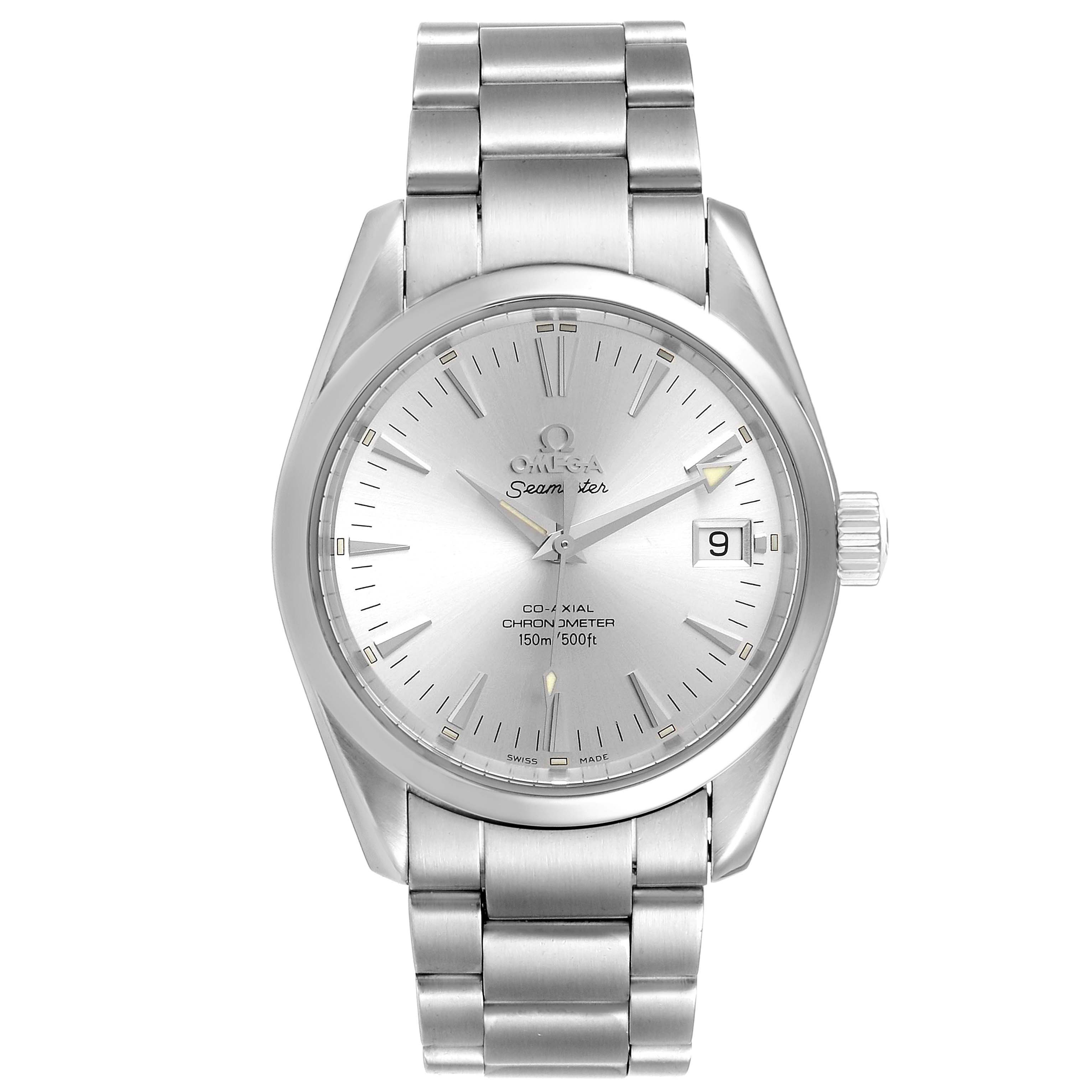 This image shows a frontal view of the Omega Aqua Terra 2503.30.00 Men
s Stainless Steel Silver Dial 2503.30.00 Men
s Stainless Steel Silver Dial watch, featuring the dial, bracelet, and crown.