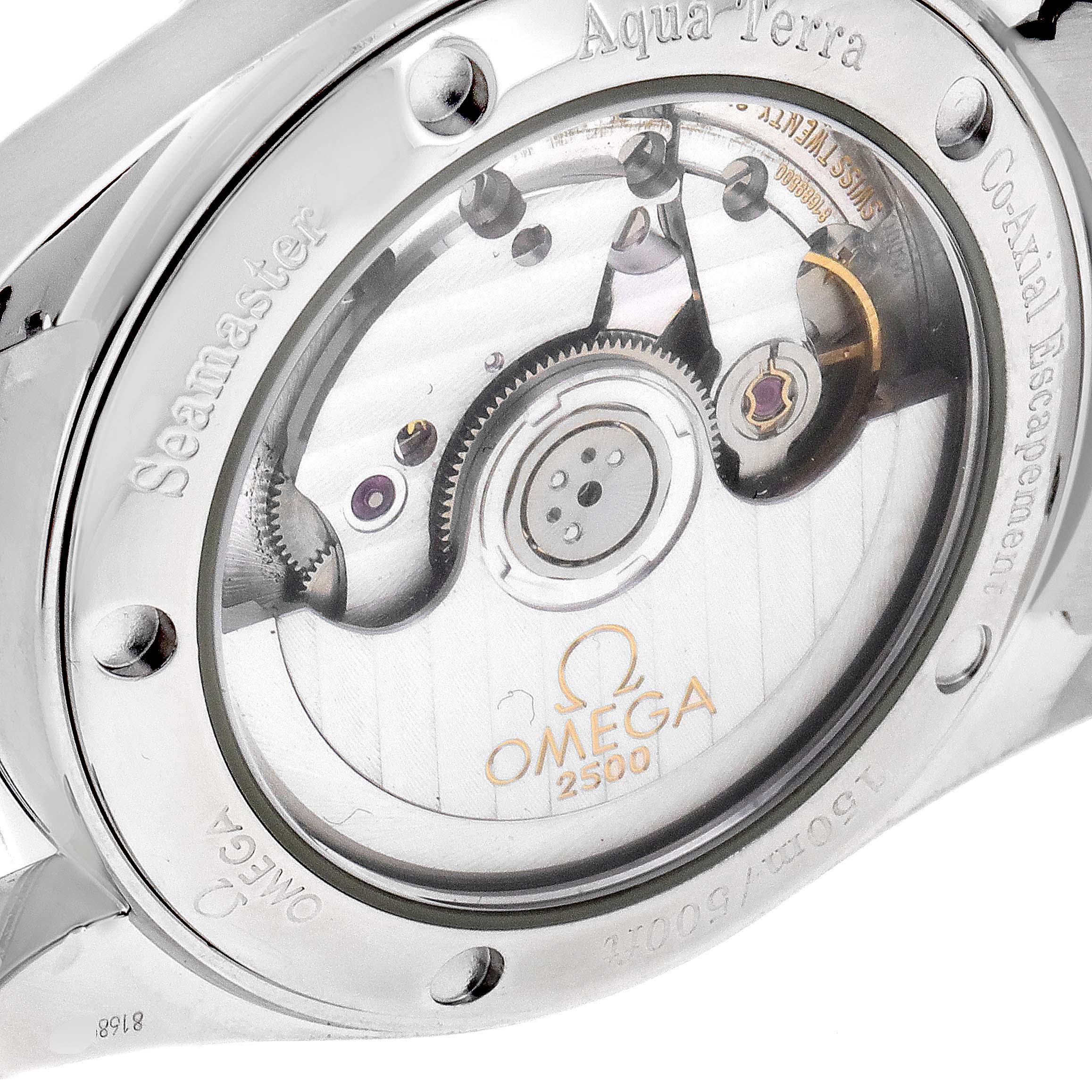This image shows the transparent case back of the Omega Aqua Terra 2503.30.00 Men
s Stainless Steel Silver Dial 2503.30.00 Men
s Stainless Steel Silver Dial Seamaster watch, revealing its internal movement components.