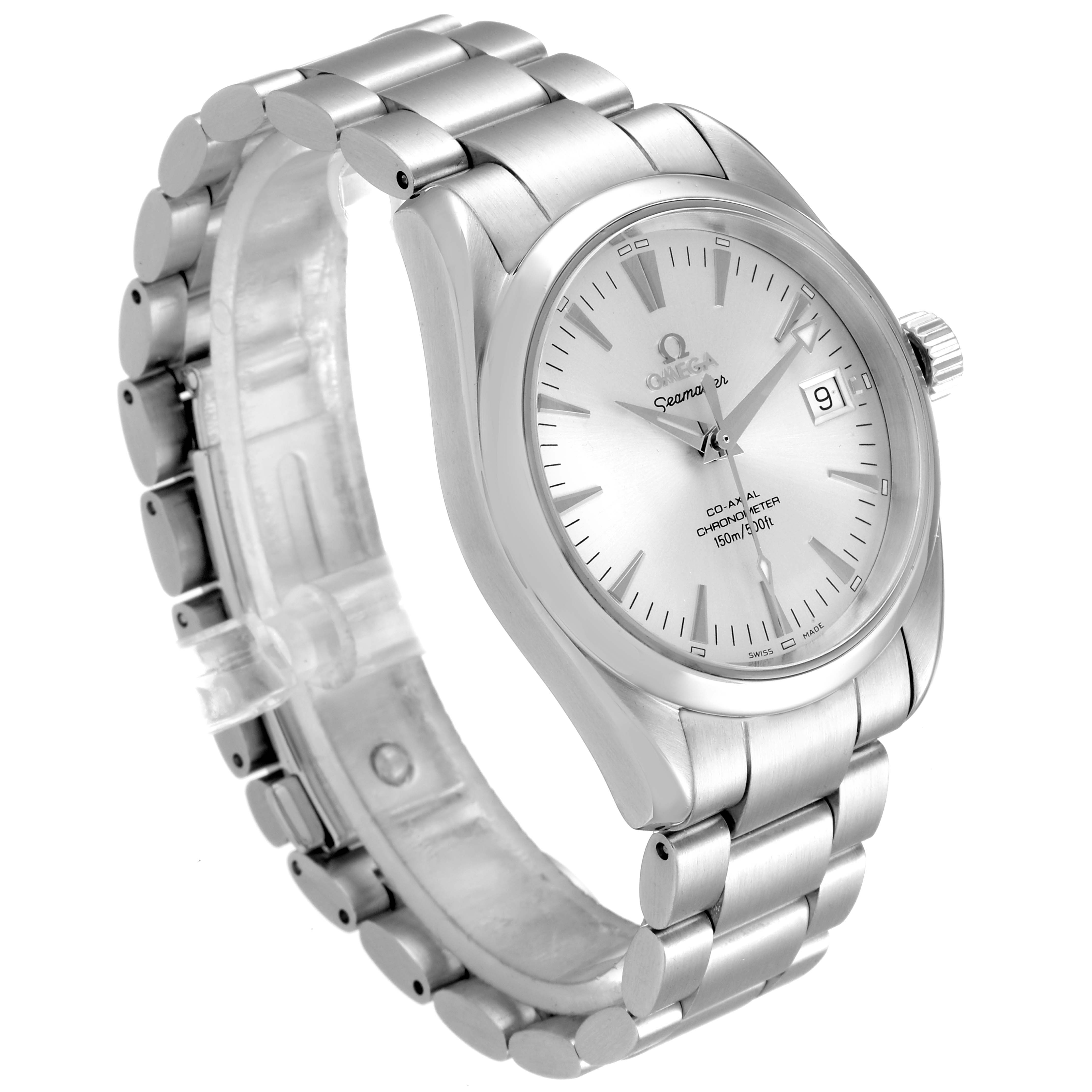 This image shows a side angle of the Omega Aqua Terra 2503.30.00 Men
s Stainless Steel Silver Dial 2503.30.00 Men
s Stainless Steel Silver Dial watch, featuring its face, case, crown, and bracelet.