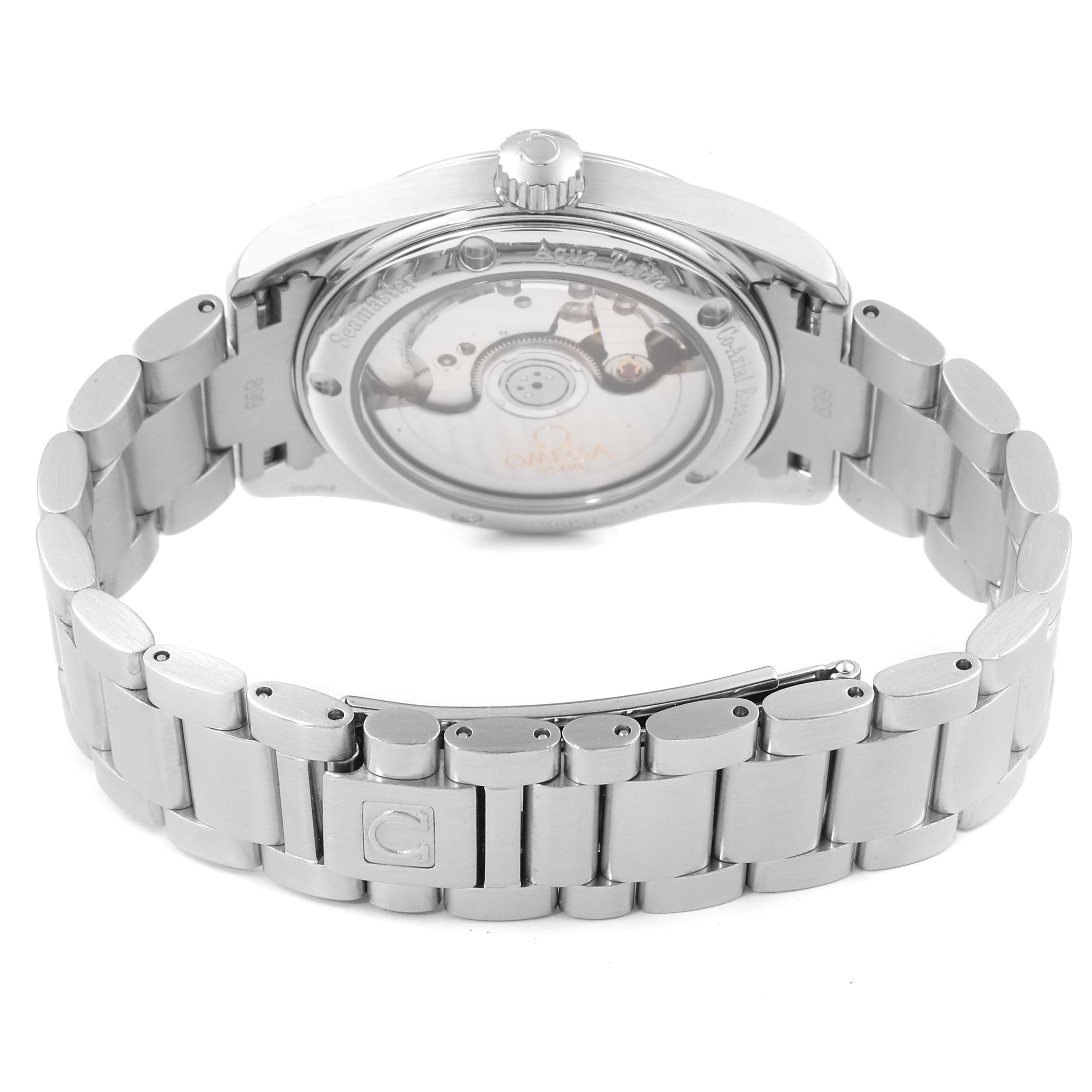 The image shows the back and bracelet, including the movement, of the Omega Aqua Terra 2503.30.00 Men
s Stainless Steel Silver Dial 2503.30.00 Men
s Stainless Steel Silver Dial watch.