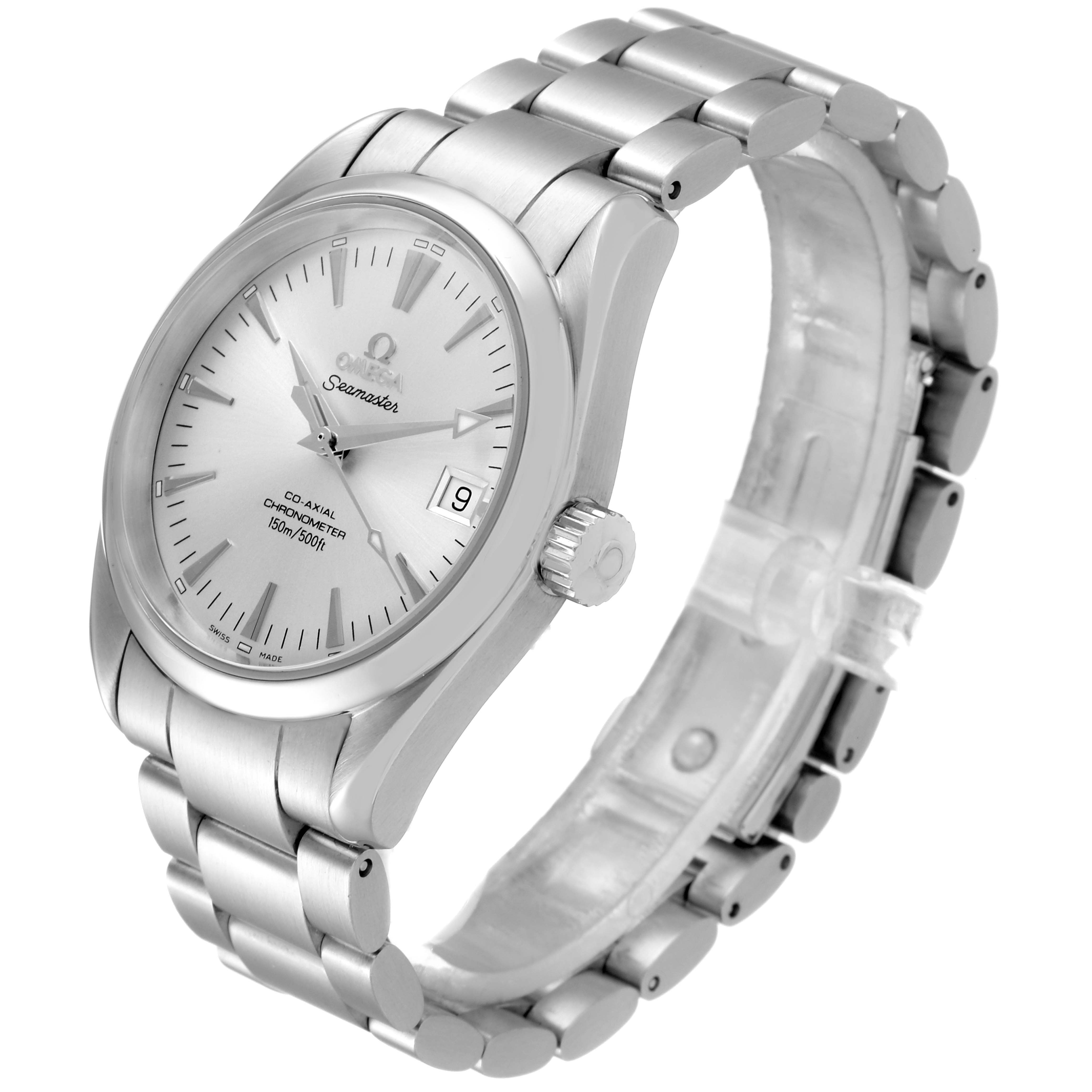 This image shows the Omega Aqua Terra 2503.30.00 Men
s Stainless Steel Silver Dial 2503.30.00 Men
s Stainless Steel Silver Dial watch from a 3/4 angle, highlighting the face, crown, and stainless steel bracelet.