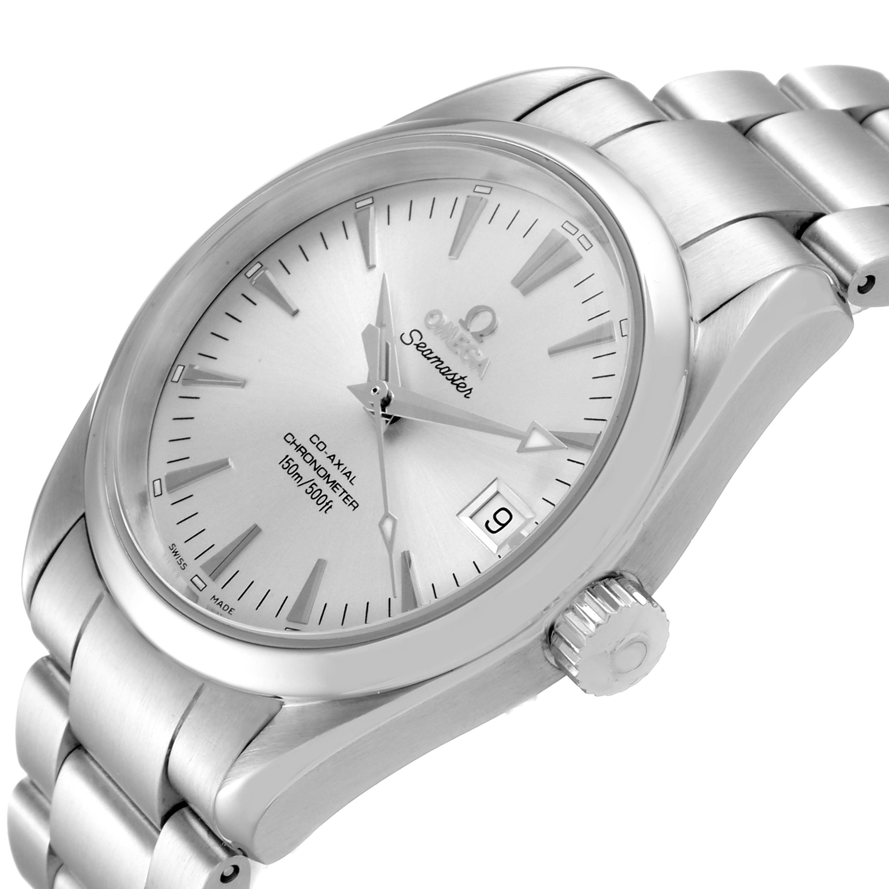 The Omega Aqua Terra 2503.30.00 Men
s Stainless Steel Silver Dial 2503.30.00 Men
s Stainless Steel Silver Dial watch is shown from an angled perspective, highlighting the dial, crown, and part of the bracelet.