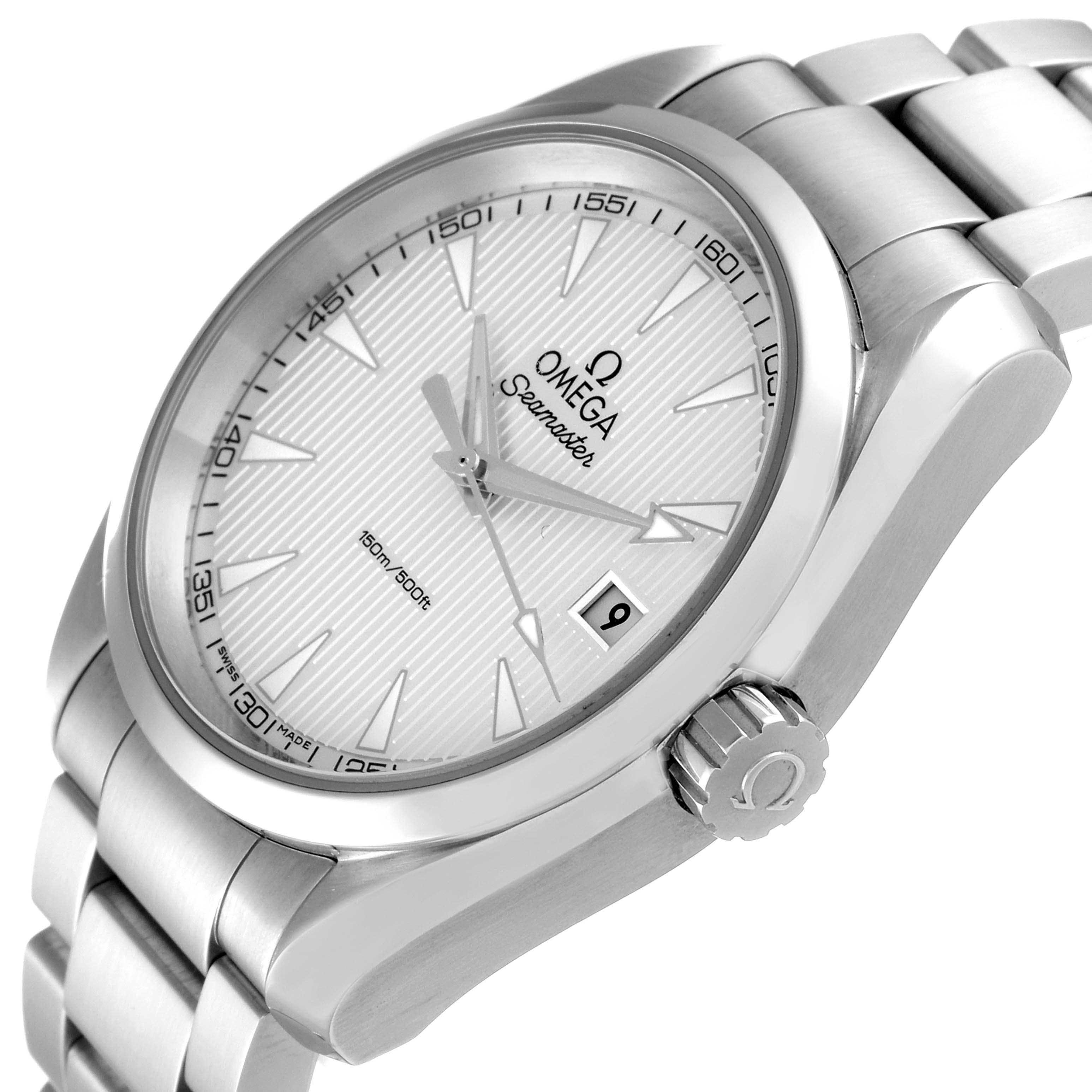 The image shows an angled view of the Omega Aqua Terra 231.10.39.60.02.001 Men
s Stainless Steel Silver Dial 231.10.39.60.02.001 Men
s Stainless Steel Silver Dial watch, focusing on the face, bezel, crown, and part of the metal bracelet.