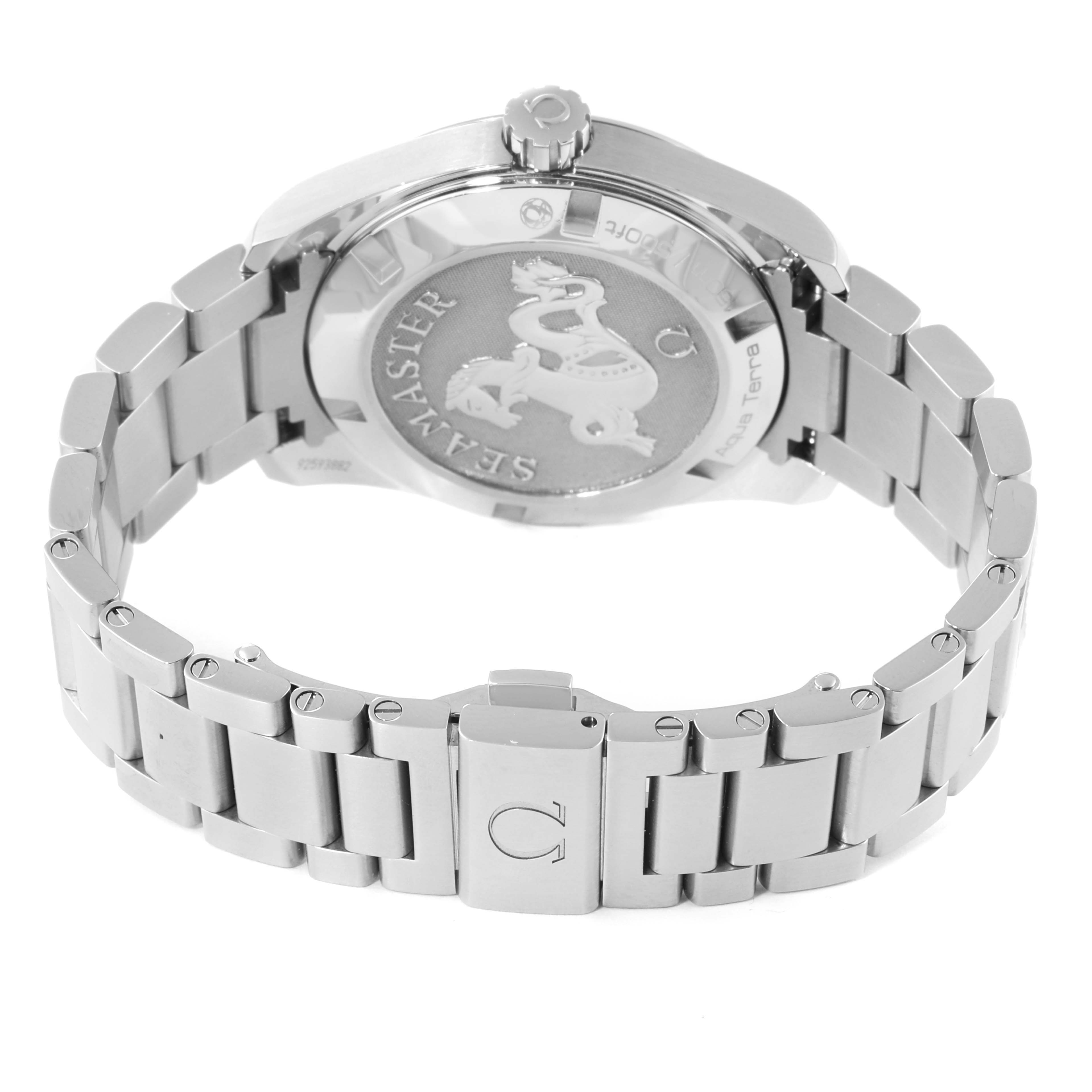 The image shows the Omega Aqua Terra 231.10.39.60.02.001 Men
s Stainless Steel Silver Dial 231.10.39.60.02.001 Men
s Stainless Steel Silver Dial watch from the rear, highlighting the case back and part of the metal bracelet.