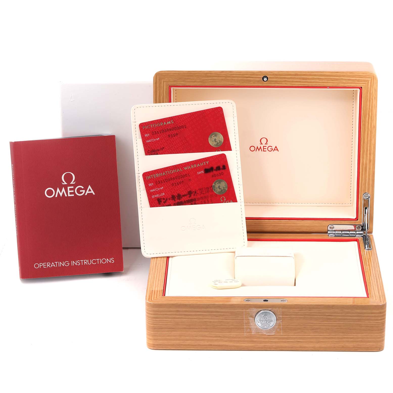 This image shows the Omega Aqua Terra 231.10.39.60.02.001 Men
s Stainless Steel Silver Dial 231.10.39.60.02.001 Men
s Stainless Steel Silver Dial
s wooden box, operating instructions, and red warranty cards at an eye-level angle.