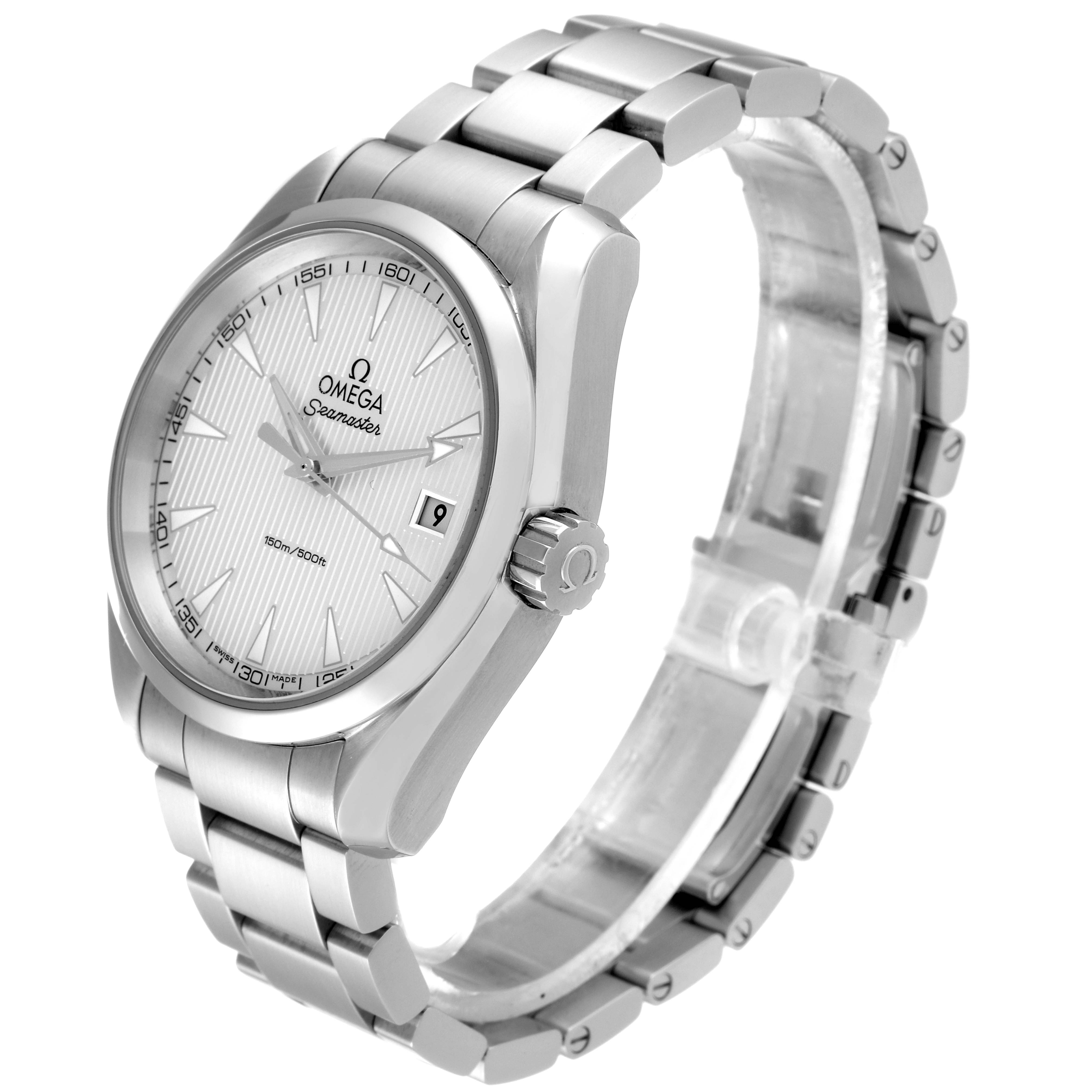 This image shows a side angle of the Omega Aqua Terra 231.10.39.60.02.001 Men
s Stainless Steel Silver Dial 231.10.39.60.02.001 Men
s Stainless Steel Silver Dial watch, highlighting the face, crown, and stainless steel bracelet.