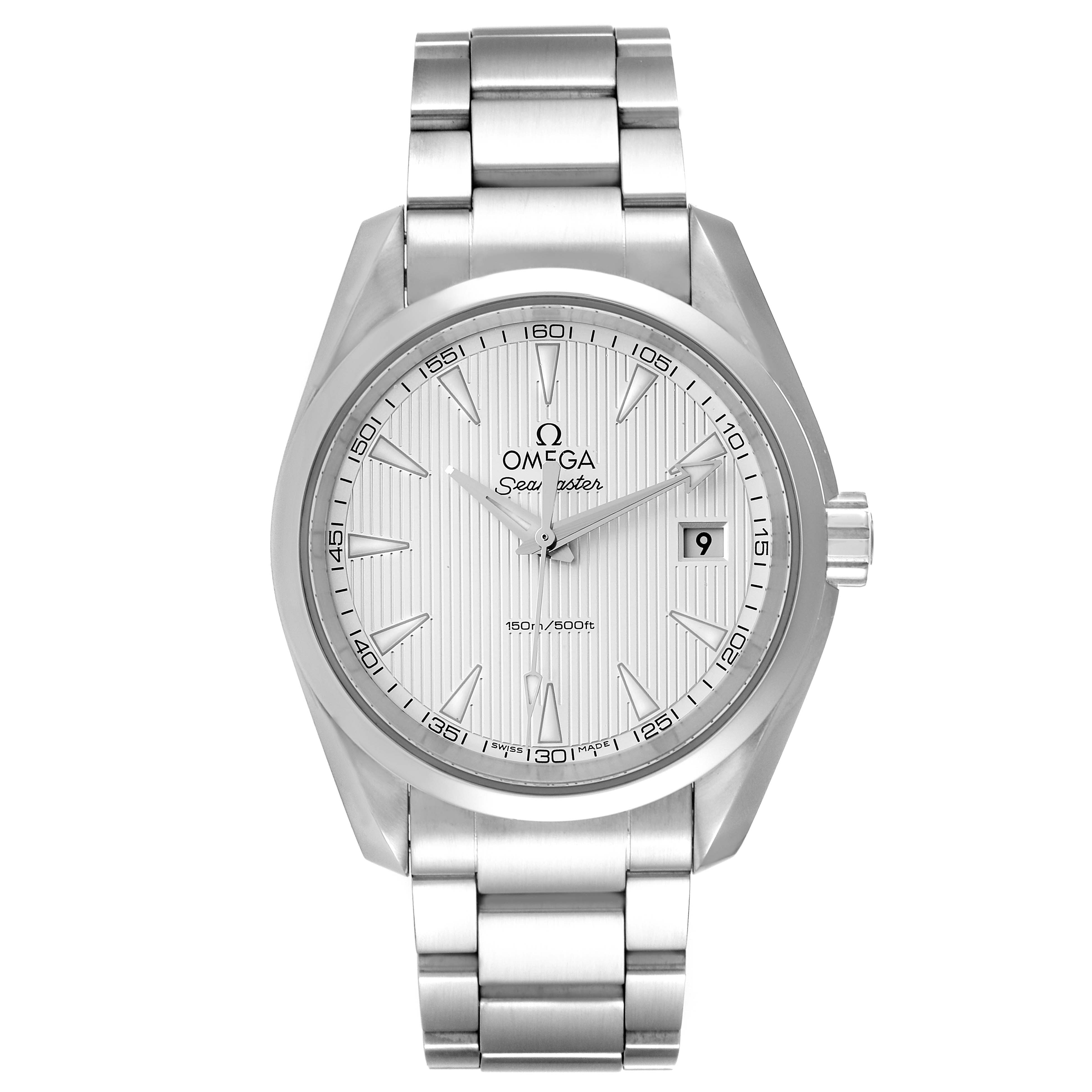 The image shows a frontal view of the Omega Seamaster Aqua Terra watch, displaying its dial, hands, date window, and bracelet.