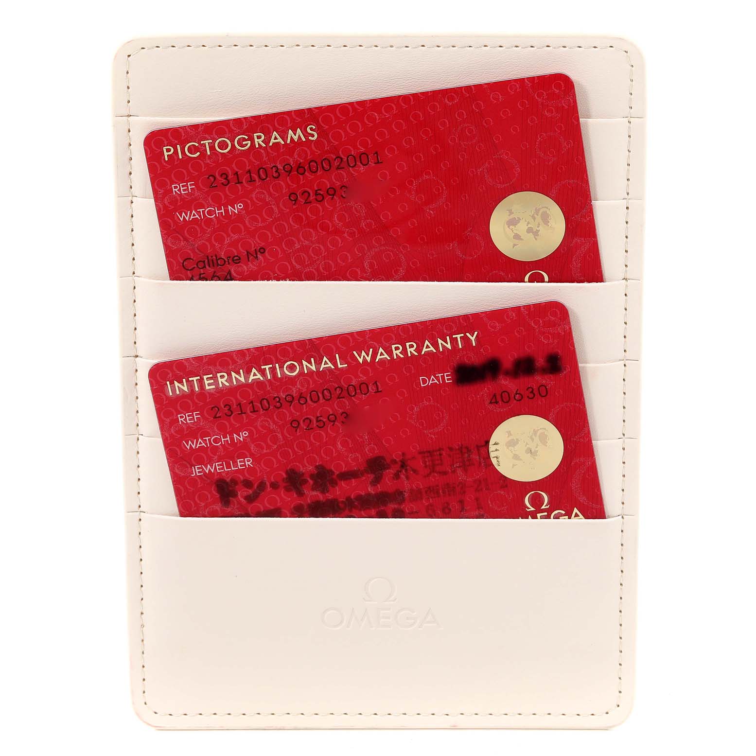 The image shows Omega Aqua Terra 231.10.39.60.02.001 Men
s Stainless Steel Silver Dial 231.10.39.60.02.001 Men
s Stainless Steel Silver Dial watch international warranty and pictogram cards in a white cardholder.