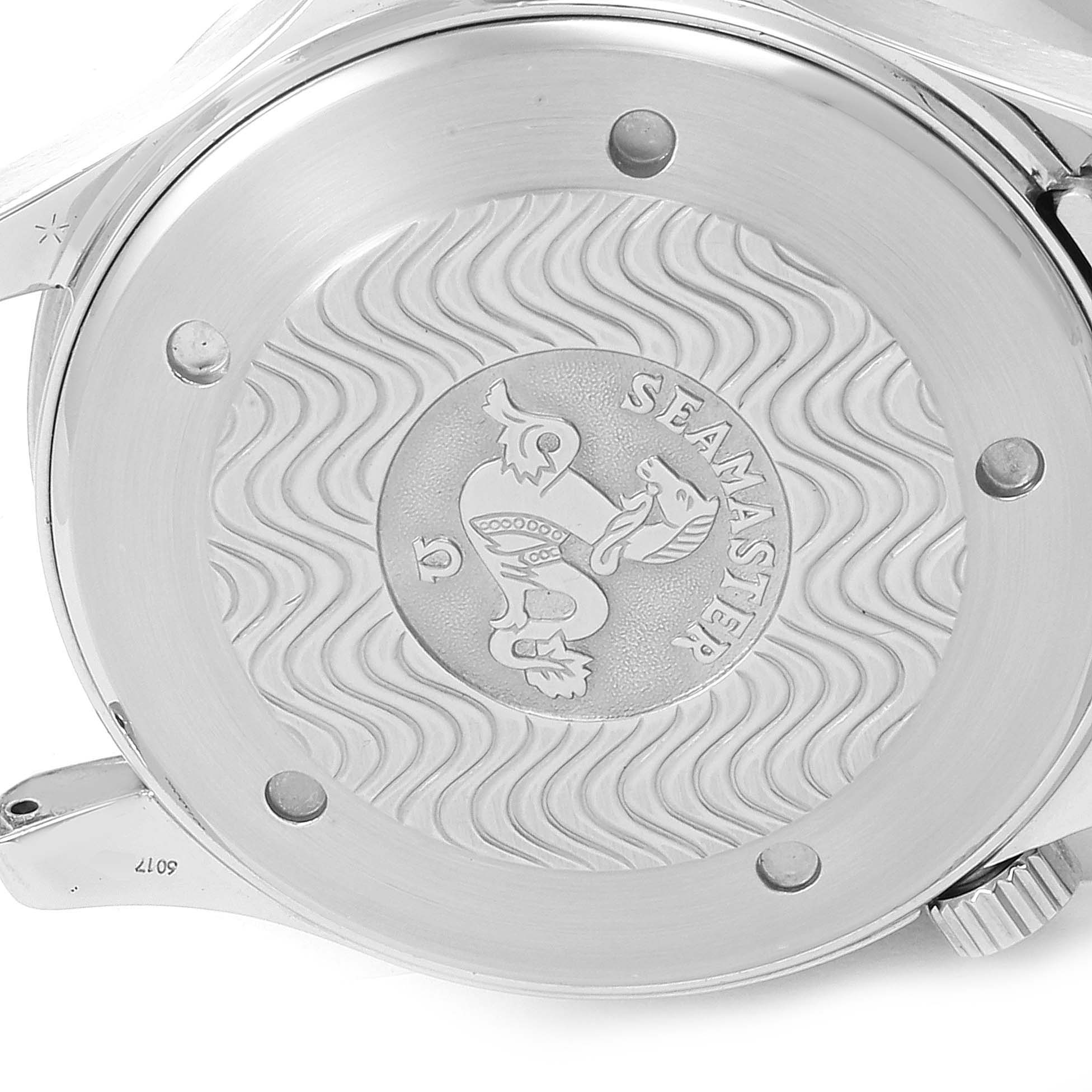 This image shows the case back of an Omega Seamaster 2532.80.00 Men
s Stainless Steel Blue Dial 2532.80.00 Men
s Stainless Steel Blue Dial watch, featuring engraved details and the model
s emblem.