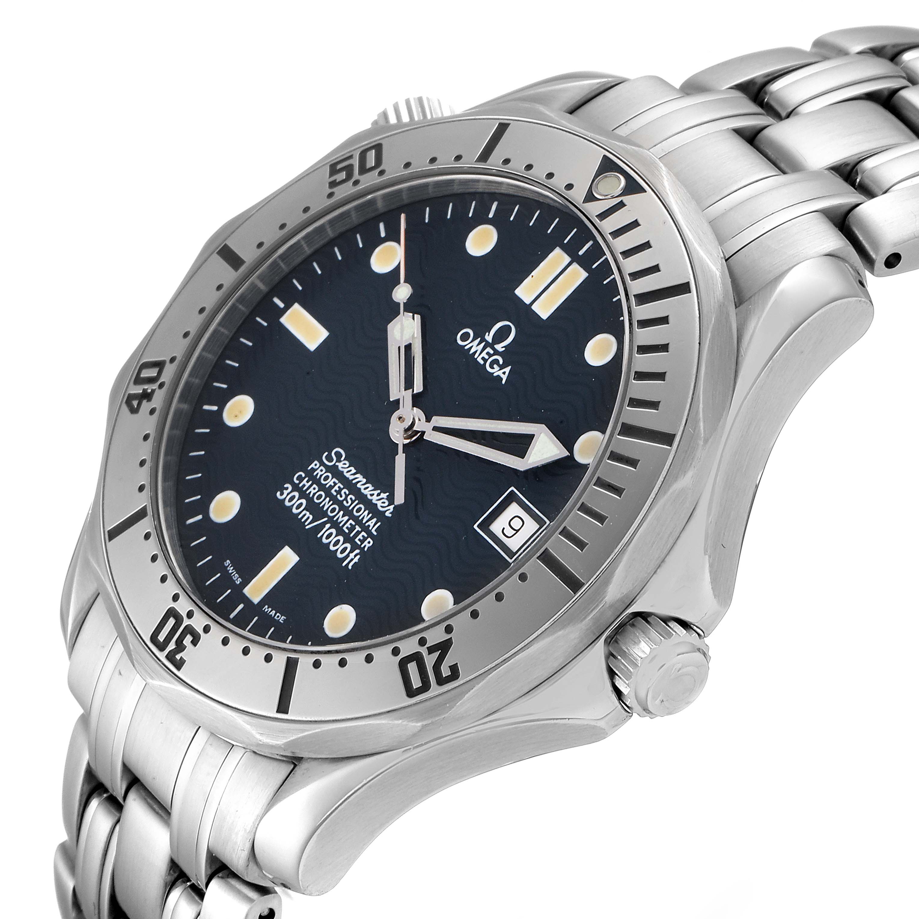 This image shows a close-up angled view of an Omega Seamaster 2532.80.00 Men
s Stainless Steel Blue Dial 2532.80.00 Men
s Stainless Steel Blue Dial watch, highlighting the face, bezel, crown, and part of the bracelet.