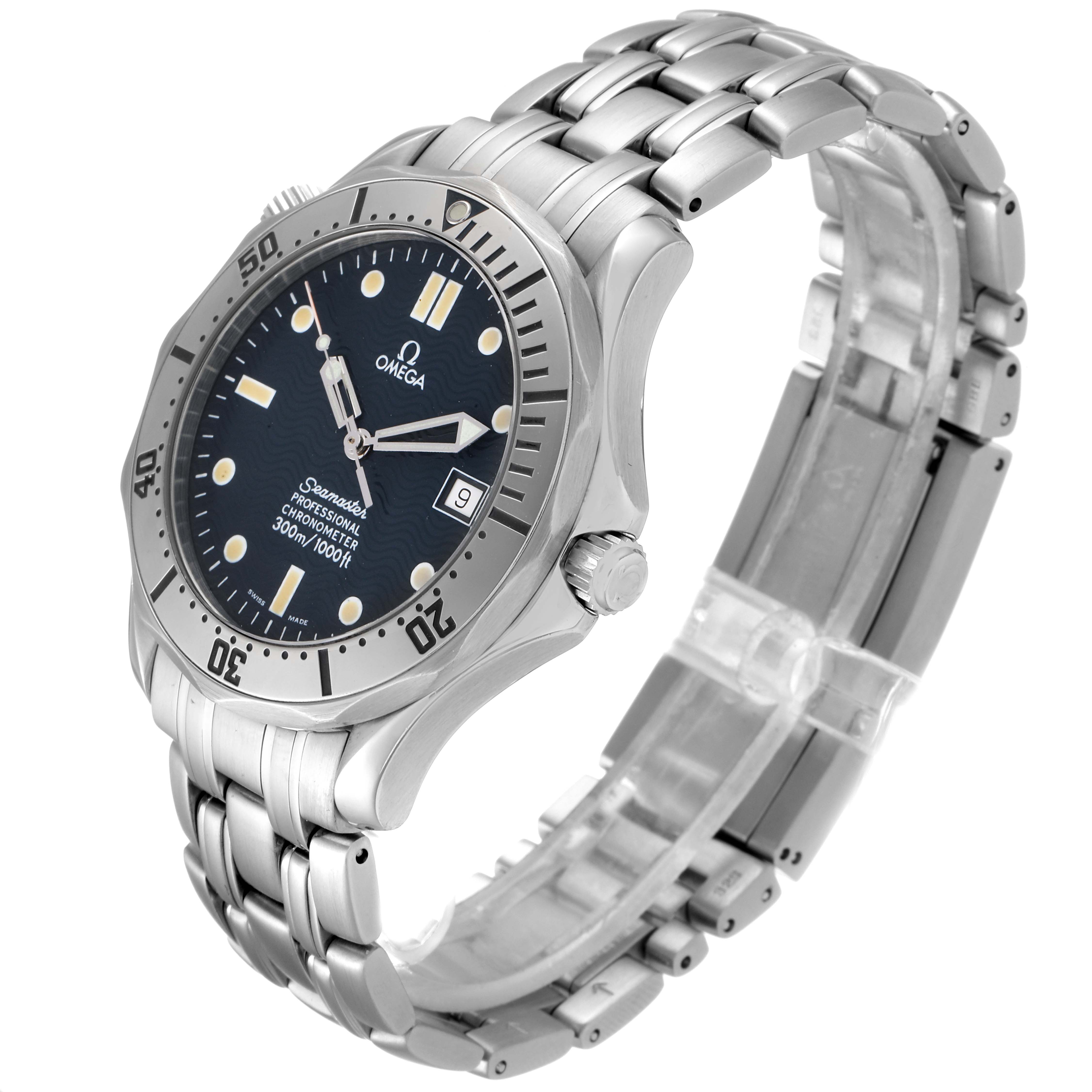 The Omega Seamaster 2532.80.00 Men
s Stainless Steel Blue Dial 2532.80.00 Men
s Stainless Steel Blue Dial watch is shown at a three-quarter angle displaying its face, bezel, and stainless steel bracelet.