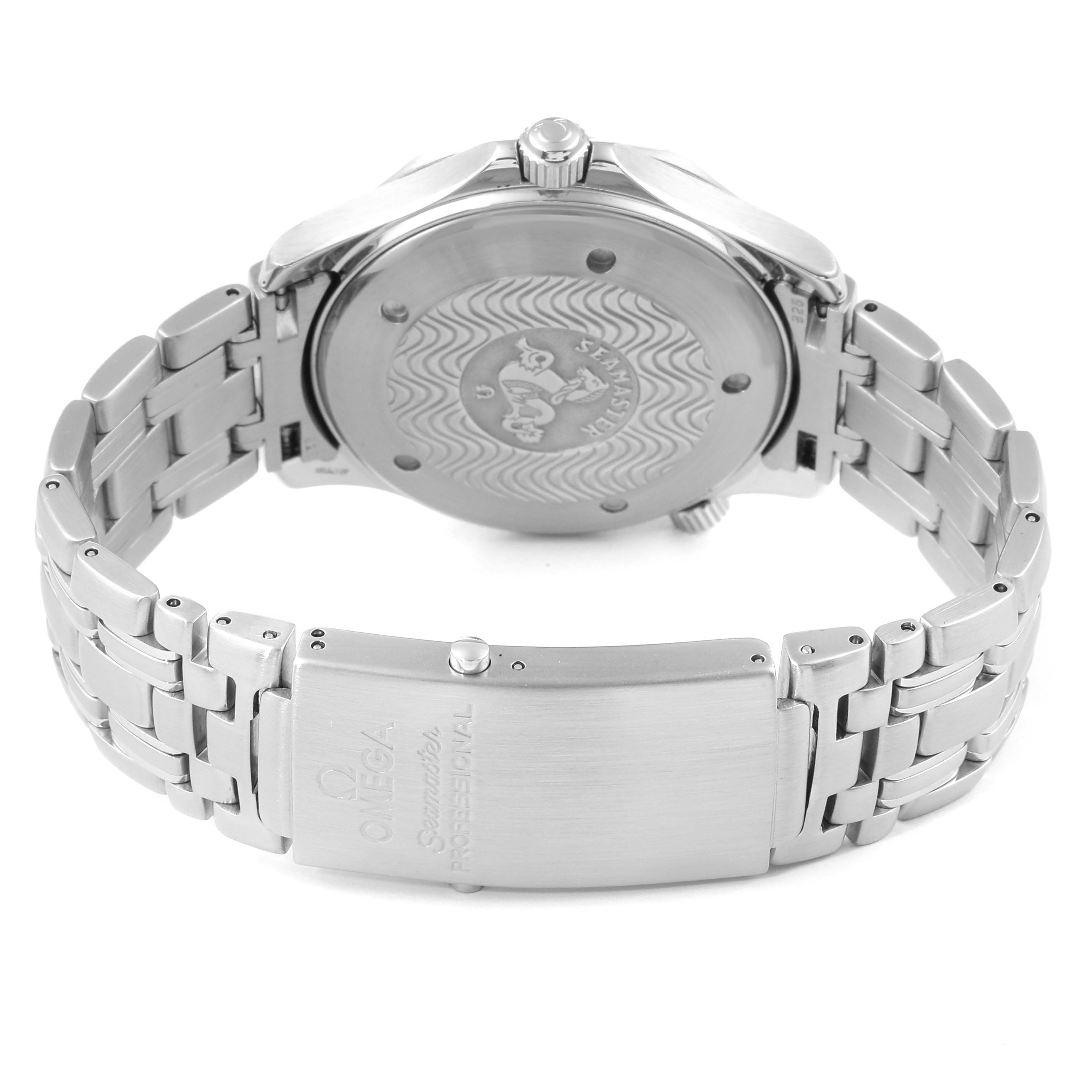 The image shows a rear view of the Omega Seamaster 2532.80.00 Men
s Stainless Steel Blue Dial 2532.80.00 Men
s Stainless Steel Blue Dial watch, highlighting its engraved case back and stainless steel bracelet with the clasp.