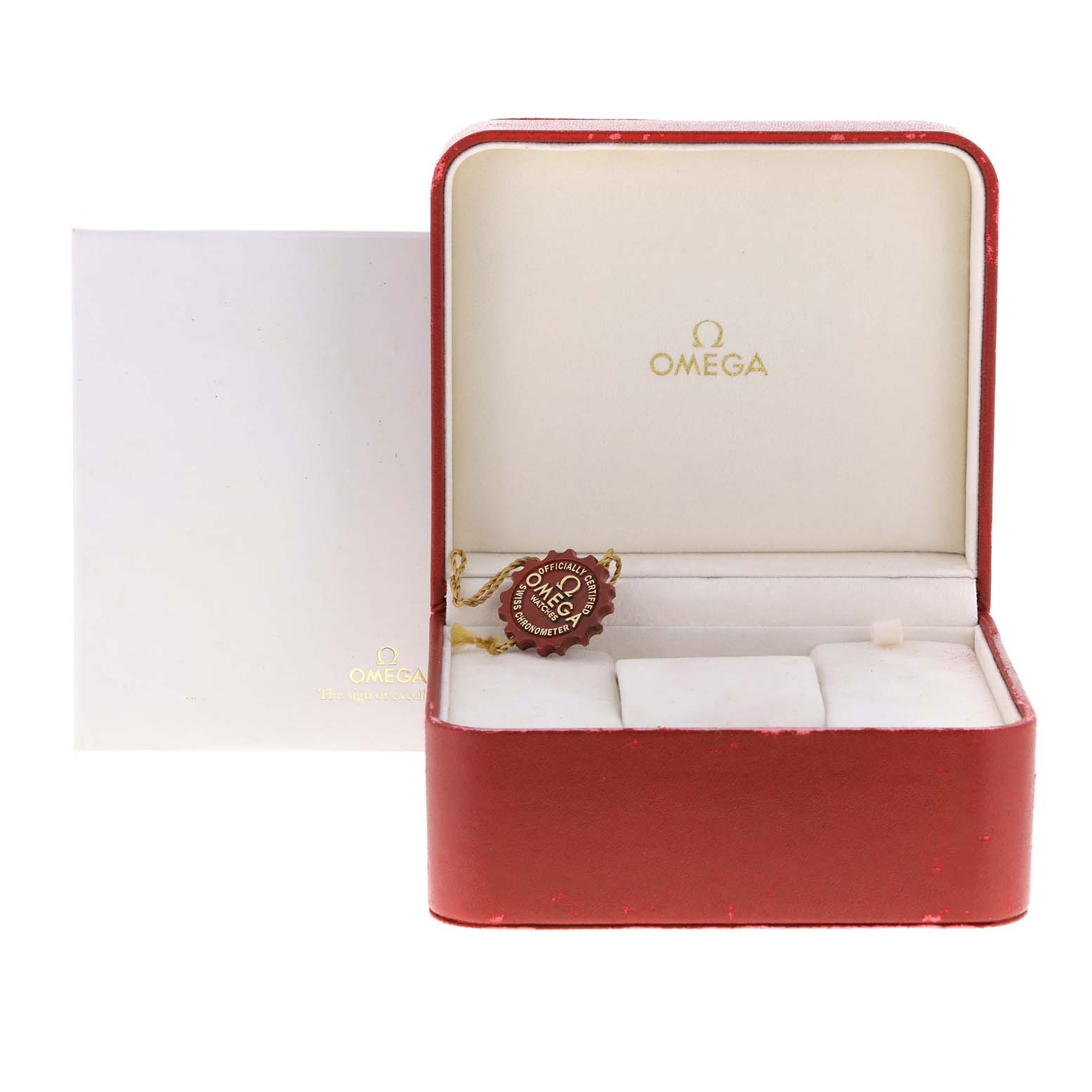 This image shows the opened box and tag of an Omega Seamaster 2532.80.00 Men
s Stainless Steel Blue Dial 2532.80.00 Men
s Stainless Steel Blue Dial watch from a front angle.