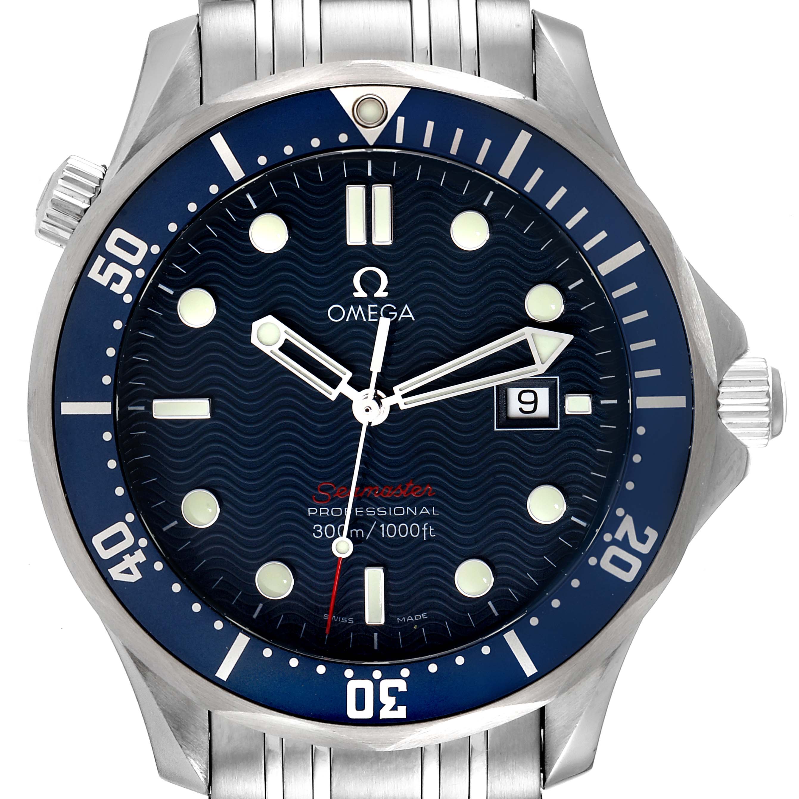 The image shows a front view of an Omega Seamaster 2221.80.00 Men's Stainless Steel Blue Dial 2221.80.00 Men's Stainless Steel Blue Dial watch with a blue dial, date display, and a stainless steel case and bracelet.
