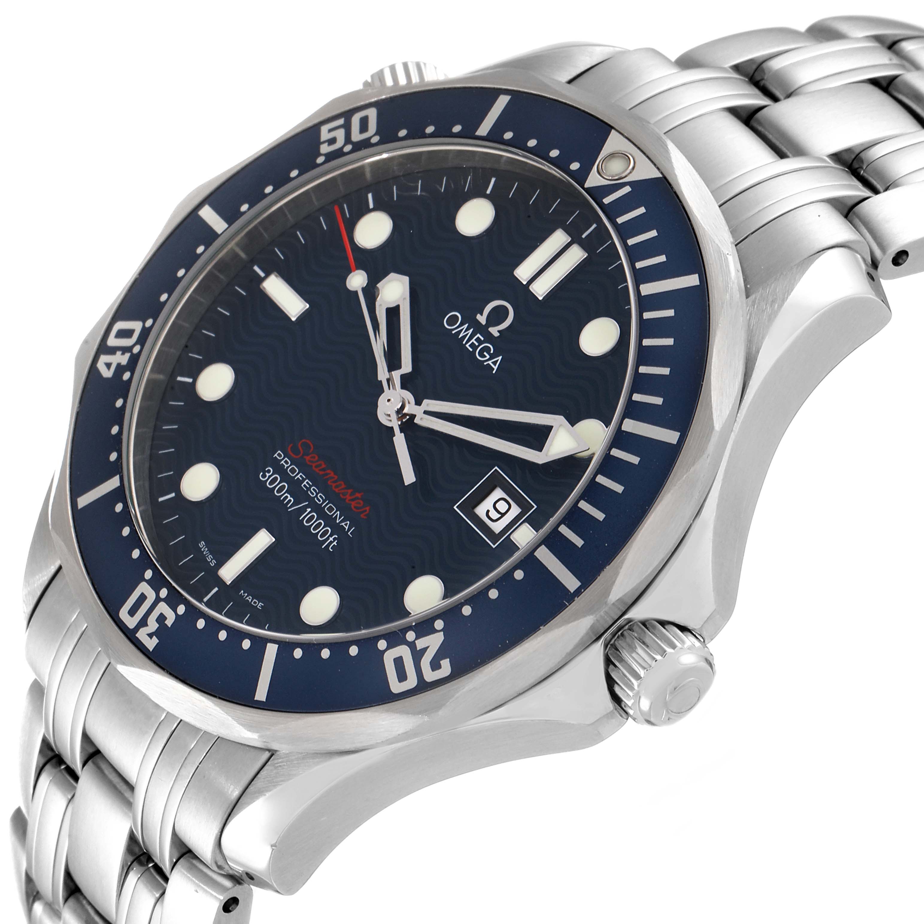 The Omega Seamaster 2221.80.00 Men's Stainless Steel Blue Dial 2221.80.00 Men's Stainless Steel Blue Dial watch is shown at a slight angle from the front, displaying the dial, bezel, crown, and part of the bracelet.