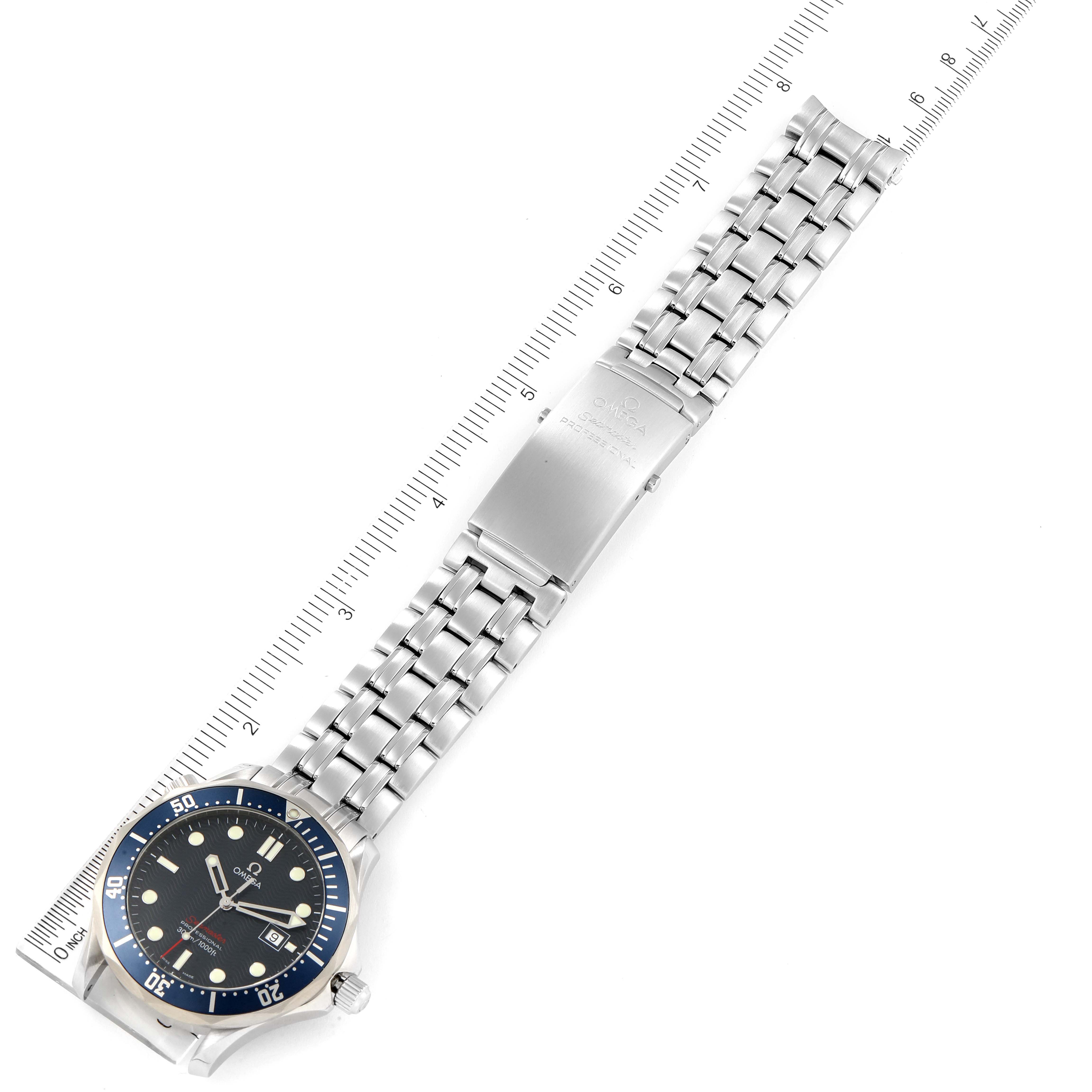 The image shows the Omega Seamaster 2221.80.00 Men's Stainless Steel Blue Dial 2221.80.00 Men's Stainless Steel Blue Dial watch from a top-down angle, highlighting its face and metal bracelet.