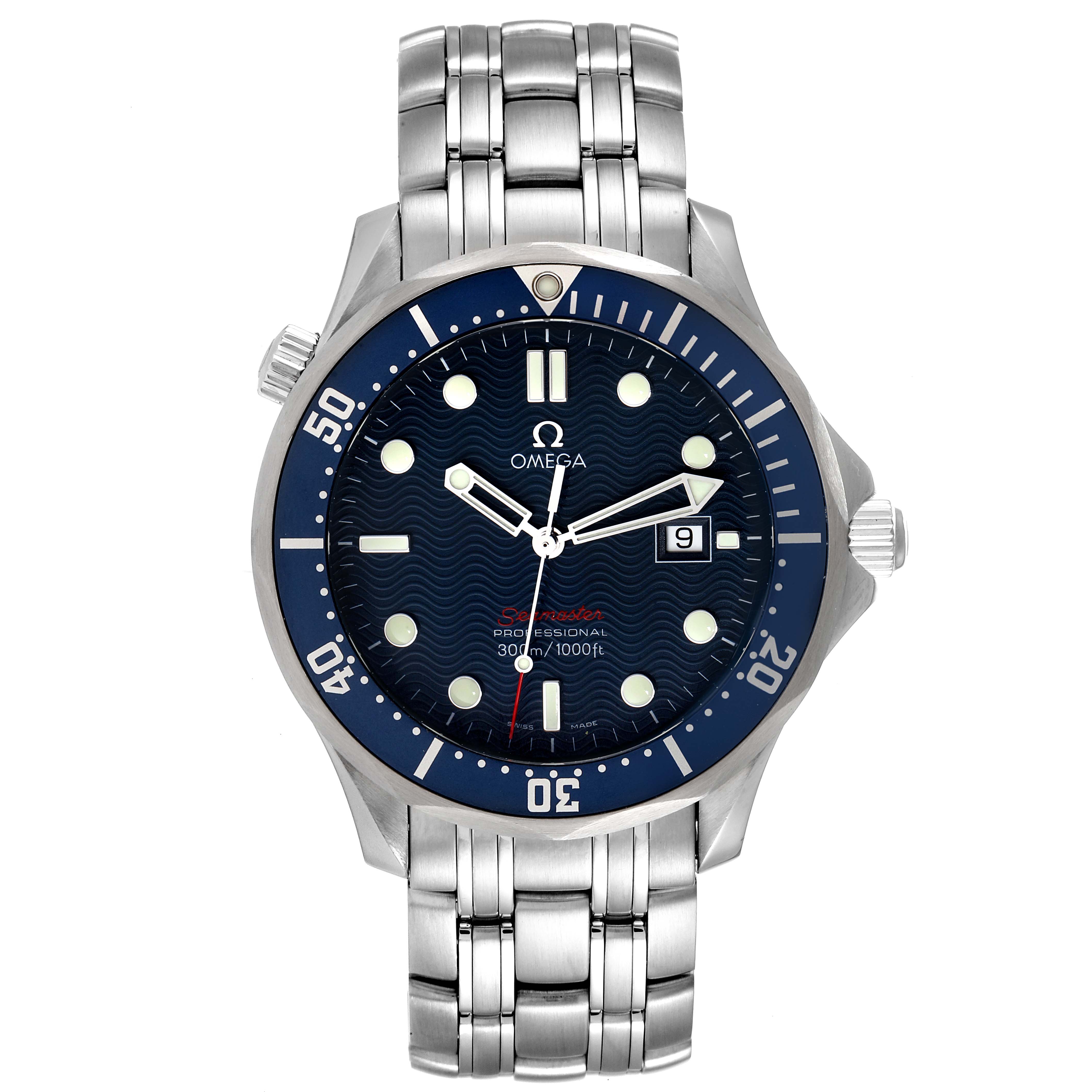 The image shows a front view of the Omega Seamaster 2221.80.00 Men's Stainless Steel Blue Dial 2221.80.00 Men's Stainless Steel Blue Dial watch, highlighting the dial, bezel, bracelet, and crown.