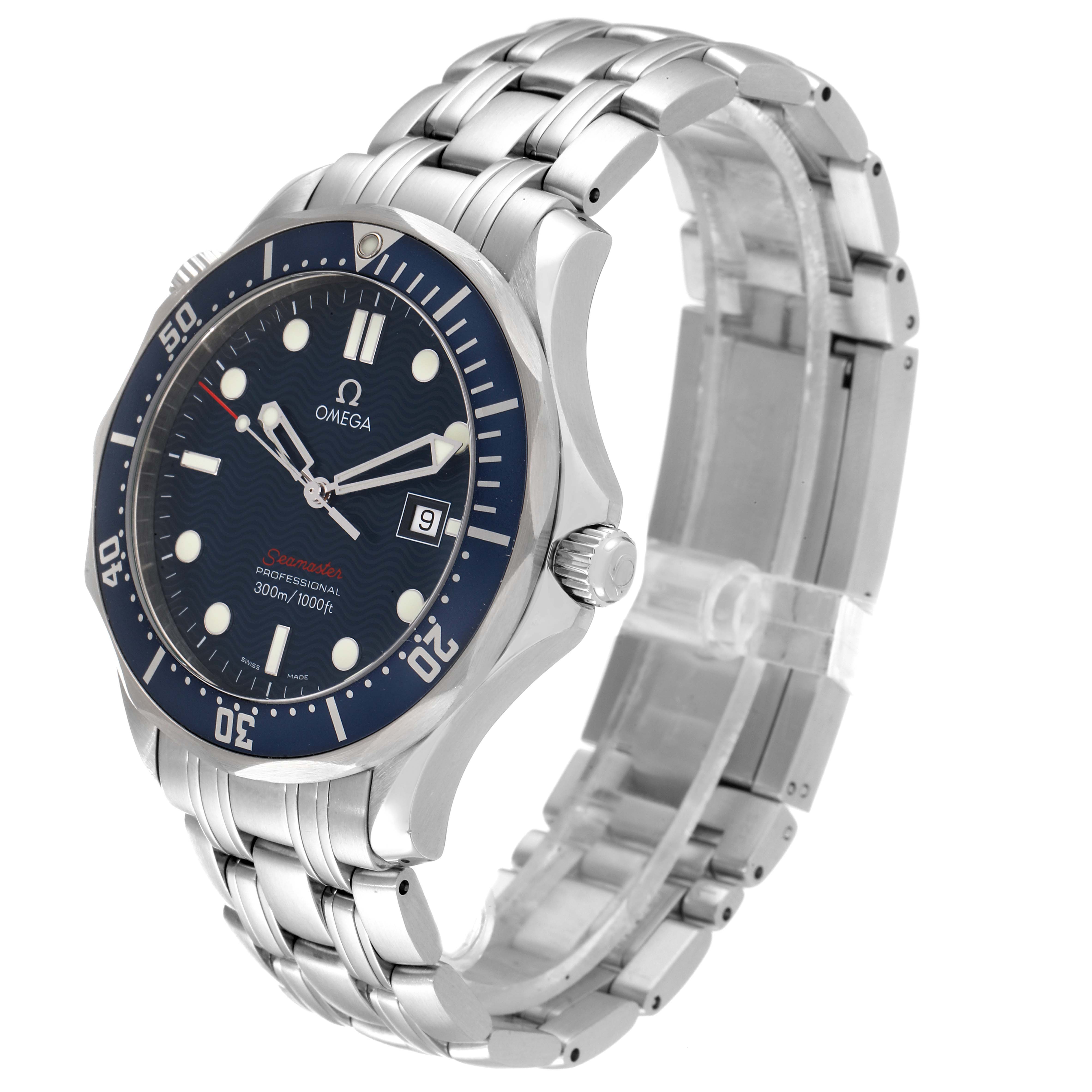 The image shows an angled view of an Omega Seamaster 2221.80.00 Men's Stainless Steel Blue Dial 2221.80.00 Men's Stainless Steel Blue Dial watch, highlighting the dial, bezel, crown, and bracelet.