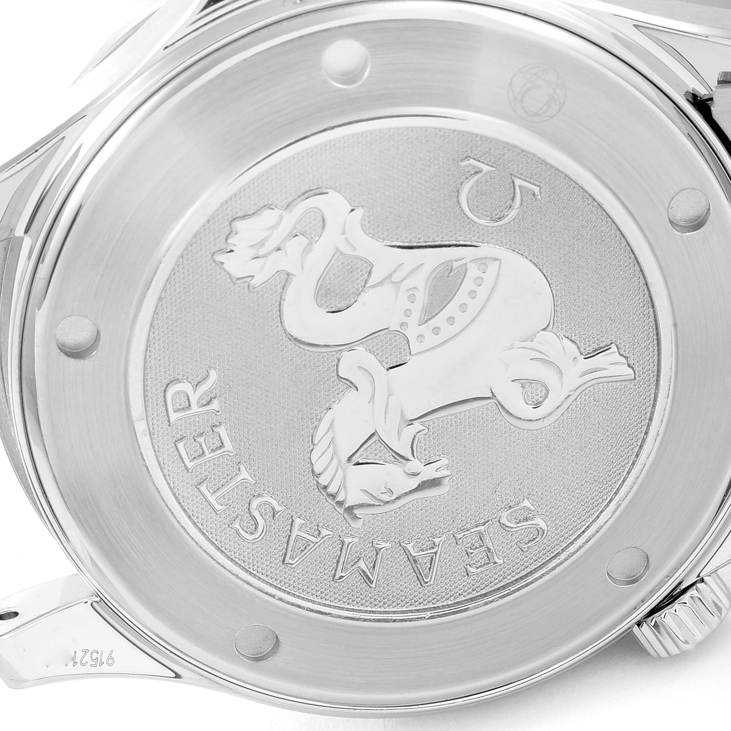 The image shows the case back of an Omega Seamaster 2221.80.00 Men's Stainless Steel Blue Dial 2221.80.00 Men's Stainless Steel Blue Dial watch, featuring the engraved Seamaster logo and other intricate details.