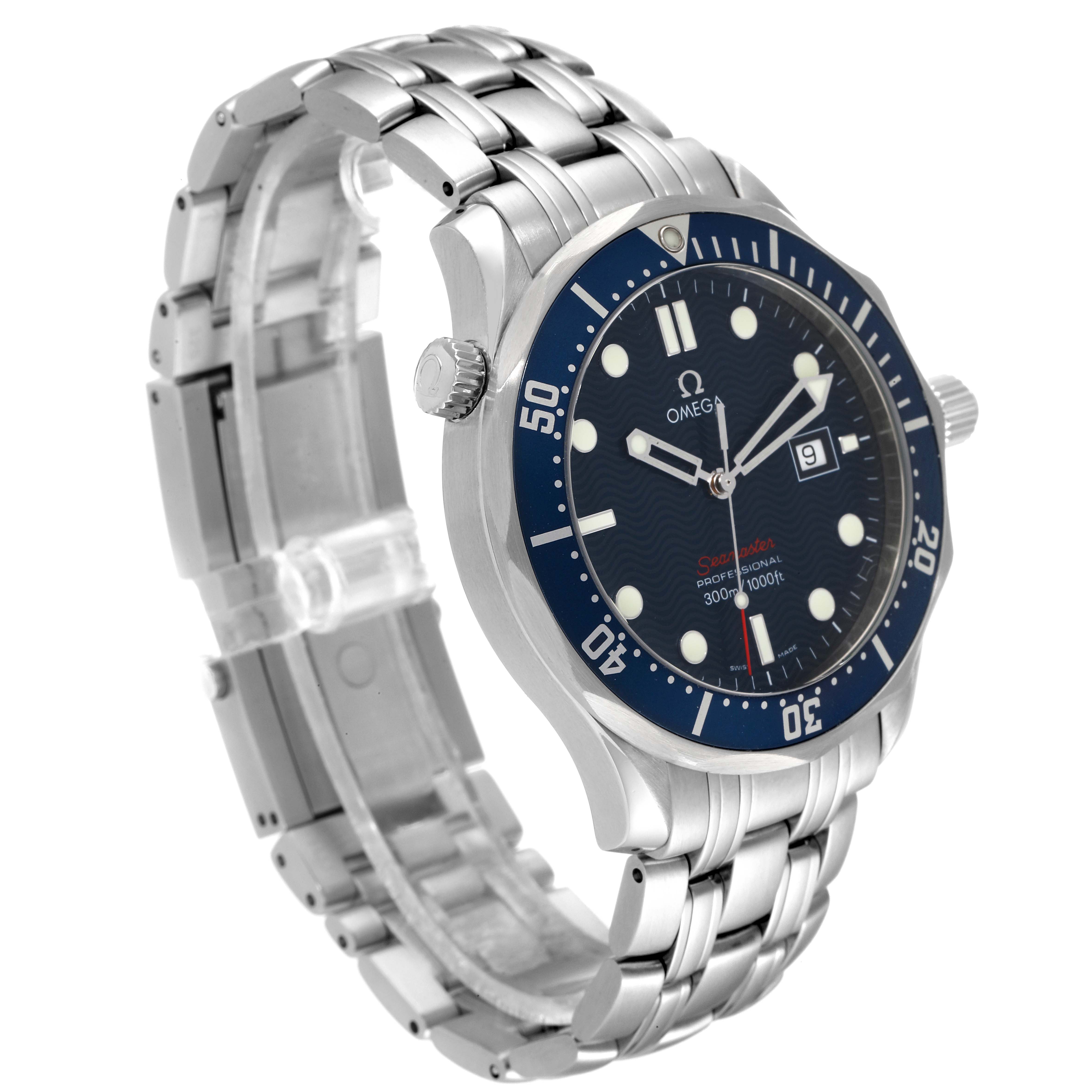 The Omega Seamaster 2221.80.00 Men's Stainless Steel Blue Dial 2221.80.00 Men's Stainless Steel Blue Dial watch is shown at a three-quarter angle, highlighting the face, bezel, case, and stainless steel bracelet.
