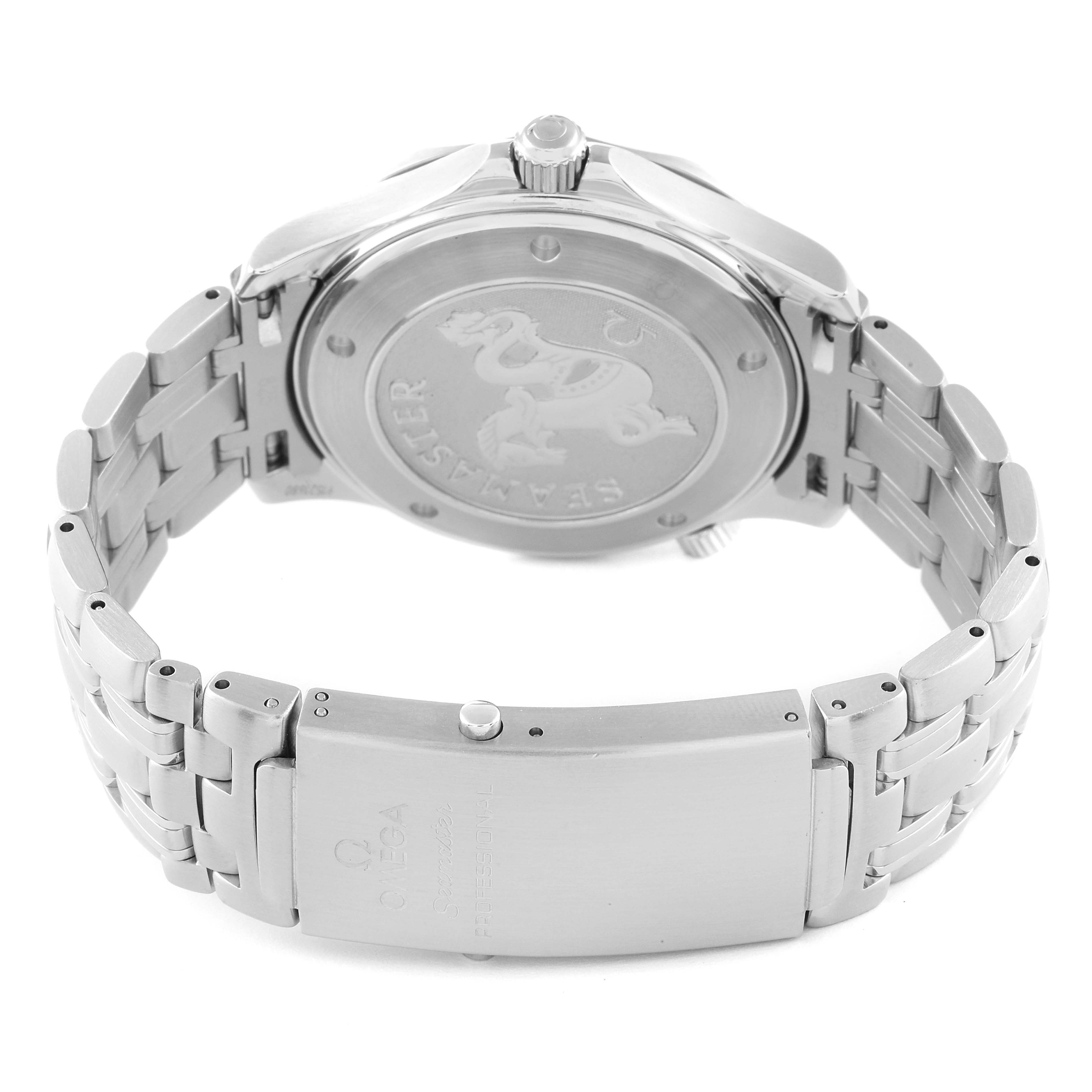 The image shows the backside and bracelet of the Omega Seamaster 2221.80.00 Men's Stainless Steel Blue Dial 2221.80.00 Men's Stainless Steel Blue Dial watch, highlighting the clasp and case back.