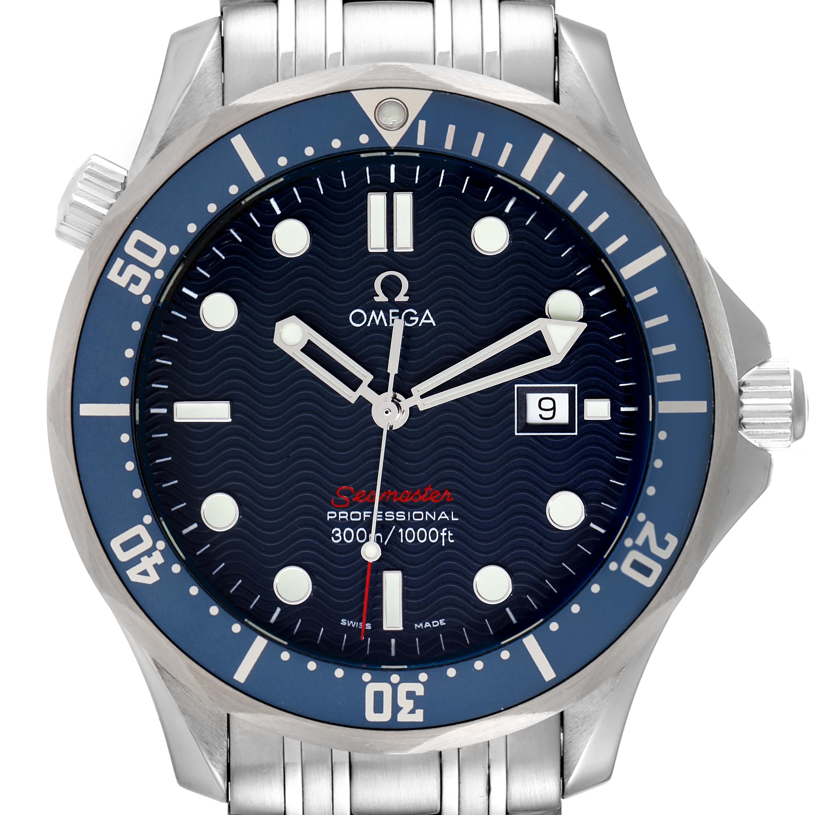 This image shows a front view of the Omega Seamaster 2221.80.00 Men's Stainless Steel Blue Dial 2221.80.00 Men's Stainless Steel Blue Dial watch, highlighting the dial, bezel, hands, and a portion of the bracelet.
