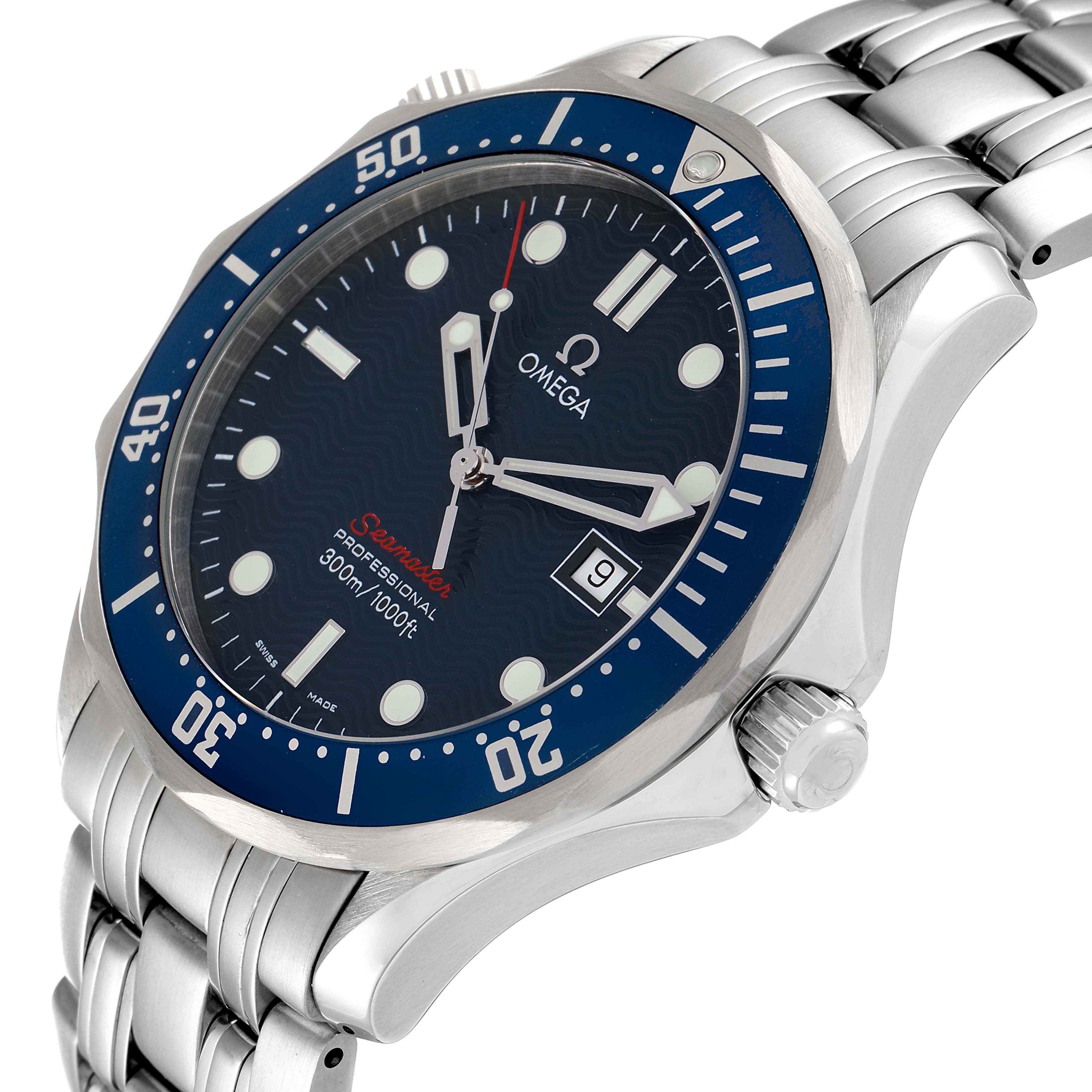 The image shows an angled view of an Omega Seamaster 2221.80.00 Men's Stainless Steel Blue Dial 2221.80.00 Men's Stainless Steel Blue Dial watch, highlighting the dial, bezel, crown, and metal bracelet.