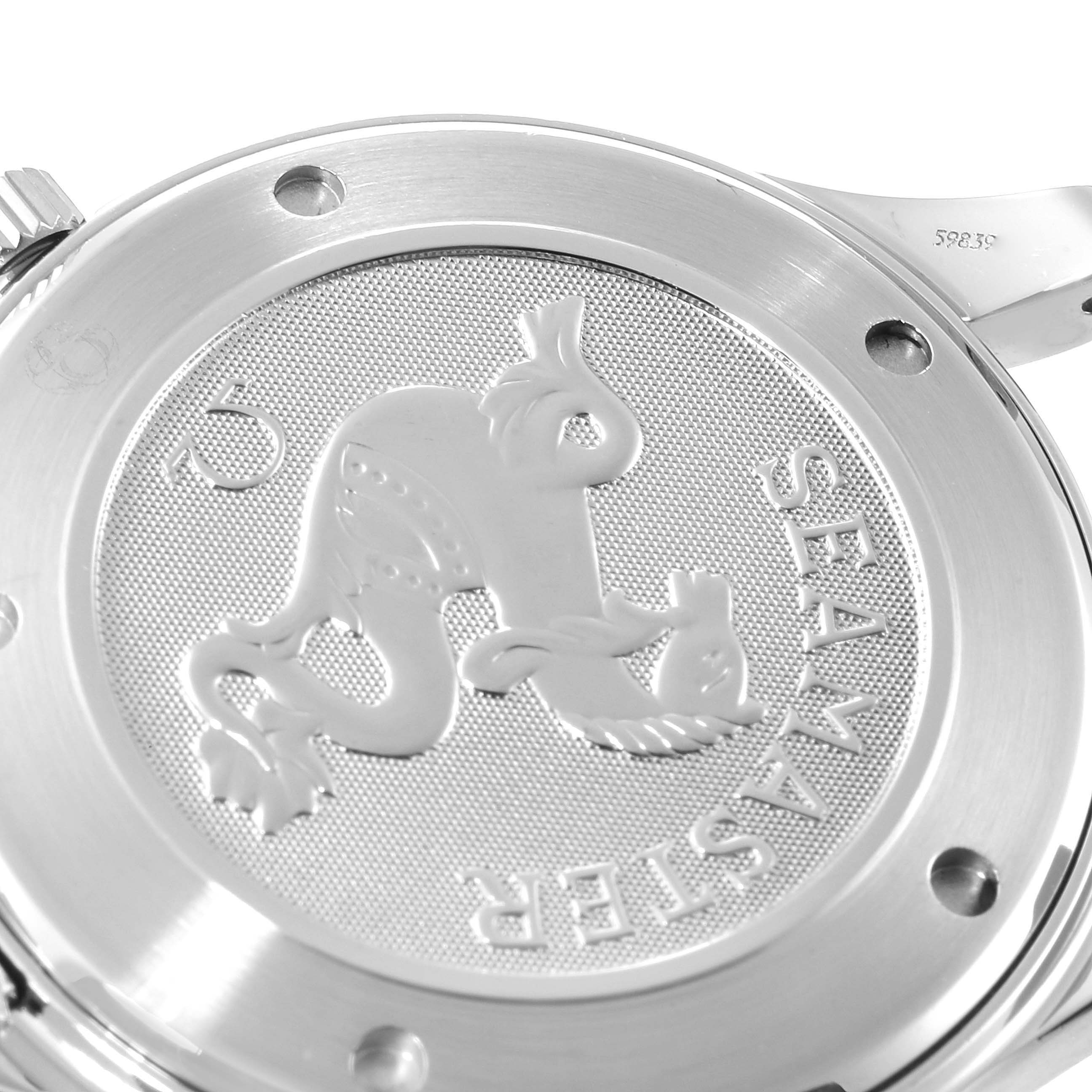 This is a close-up of the case back of an Omega Seamaster 2221.80.00 Men's Stainless Steel Blue Dial 2221.80.00 Men's Stainless Steel Blue Dial watch, featuring its embossed design and branding.