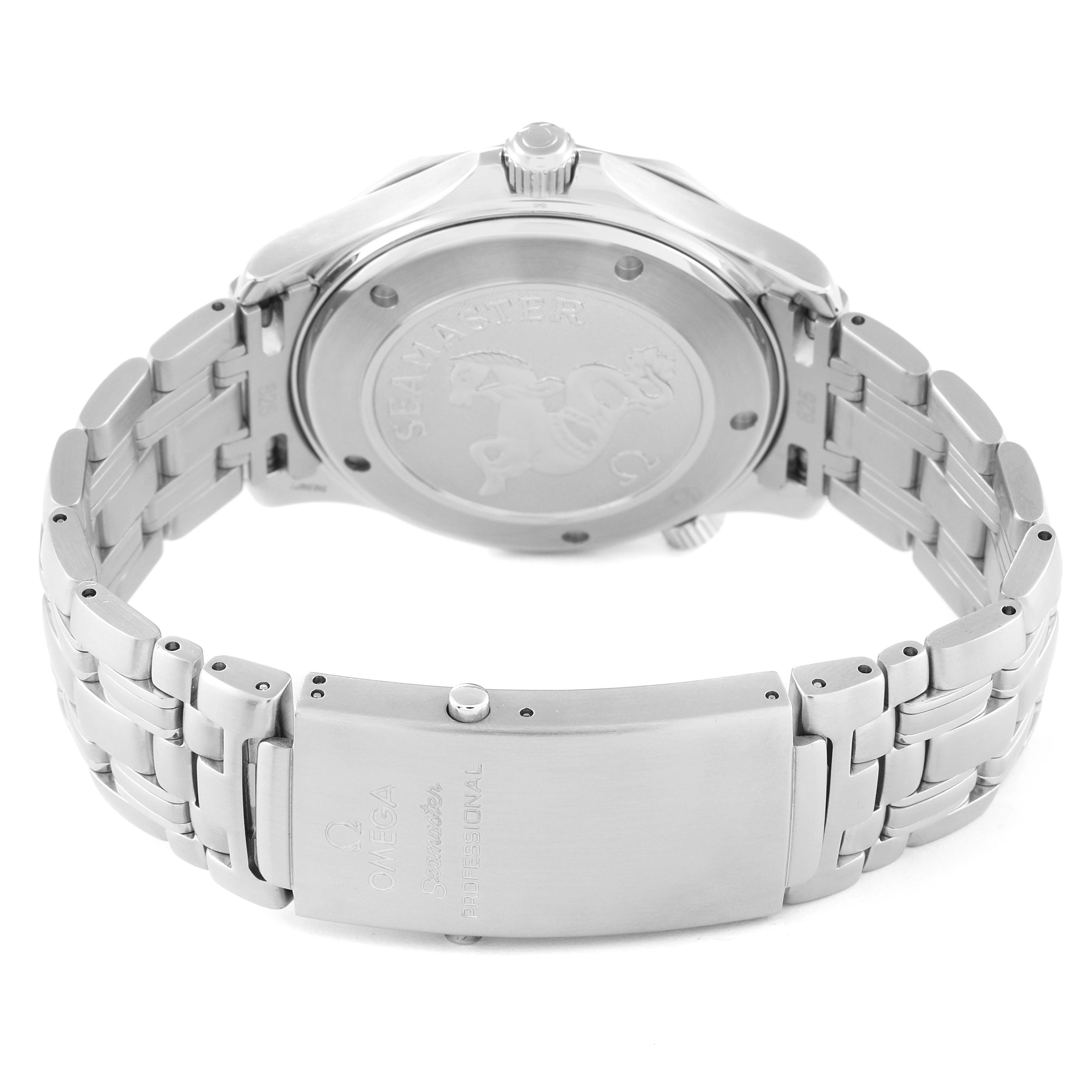 This image shows the back view of the Omega Seamaster 2221.80.00 Men's Stainless Steel Blue Dial 2221.80.00 Men's Stainless Steel Blue Dial watch, including its case back and metal bracelet clasp.