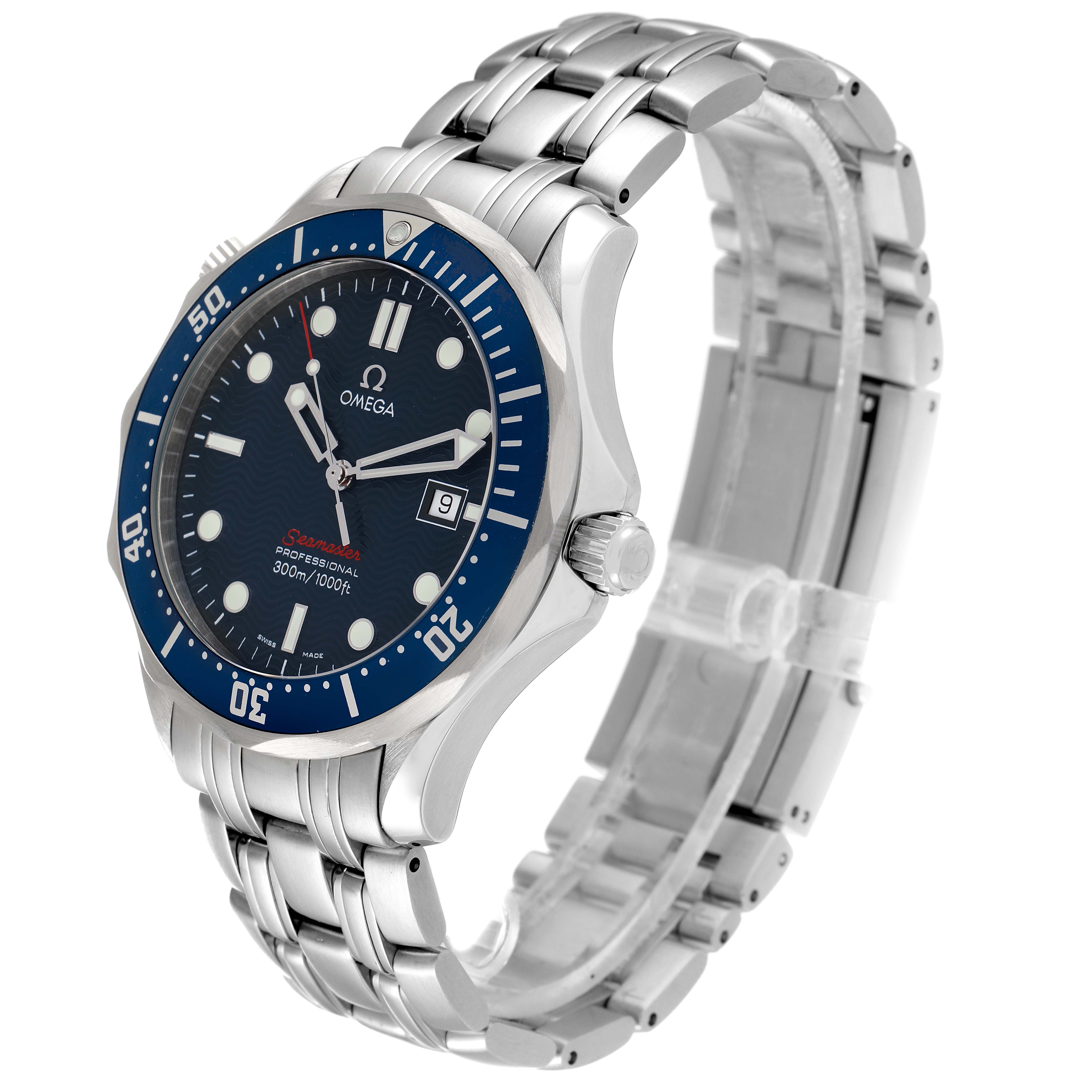 The Omega Seamaster 2221.80.00 Men's Stainless Steel Blue Dial 2221.80.00 Men's Stainless Steel Blue Dial watch is shown at a three-quarter angle, highlighting the dial, bezel, crown, and bracelet.
