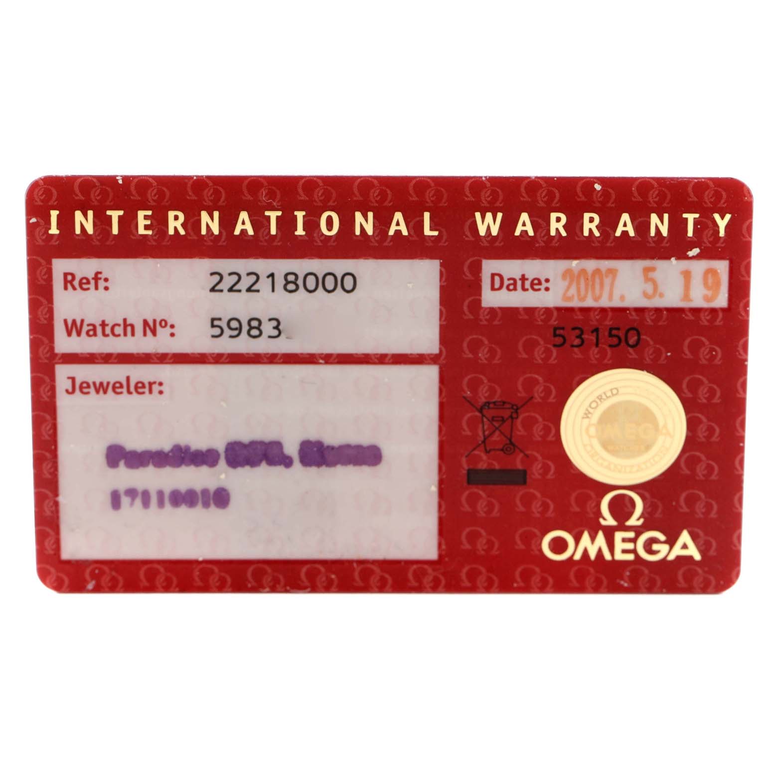 The image shows an Omega Seamaster 2221.80.00 Men's Stainless Steel Blue Dial 2221.80.00 Men's Stainless Steel Blue Dial model's International Warranty card, detailing the reference, watch number, and purchase date.