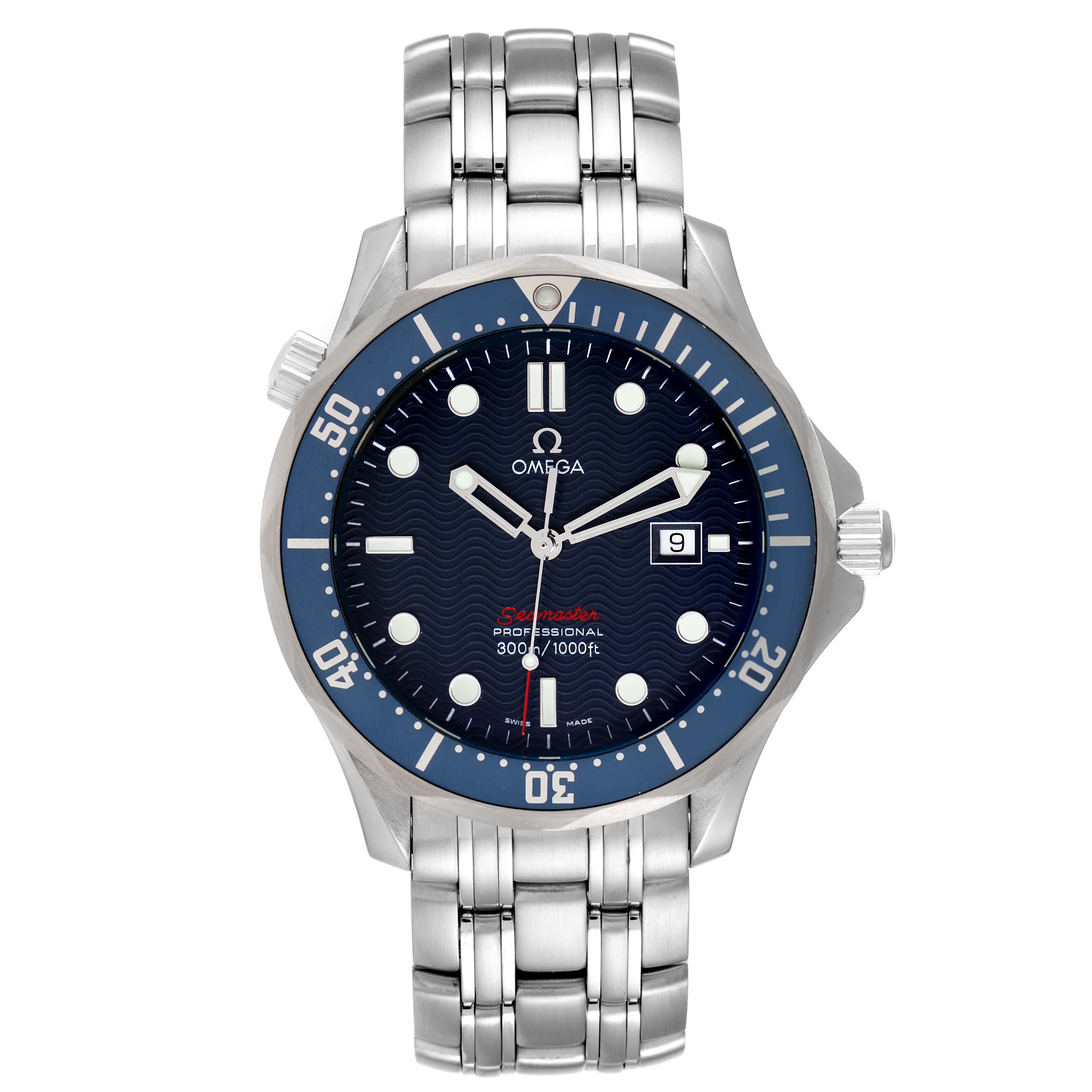 The image shows a front view of an Omega Seamaster 2221.80.00 Men's Stainless Steel Blue Dial 2221.80.00 Men's Stainless Steel Blue Dial watch, highlighting its face, bezel, and bracelet.