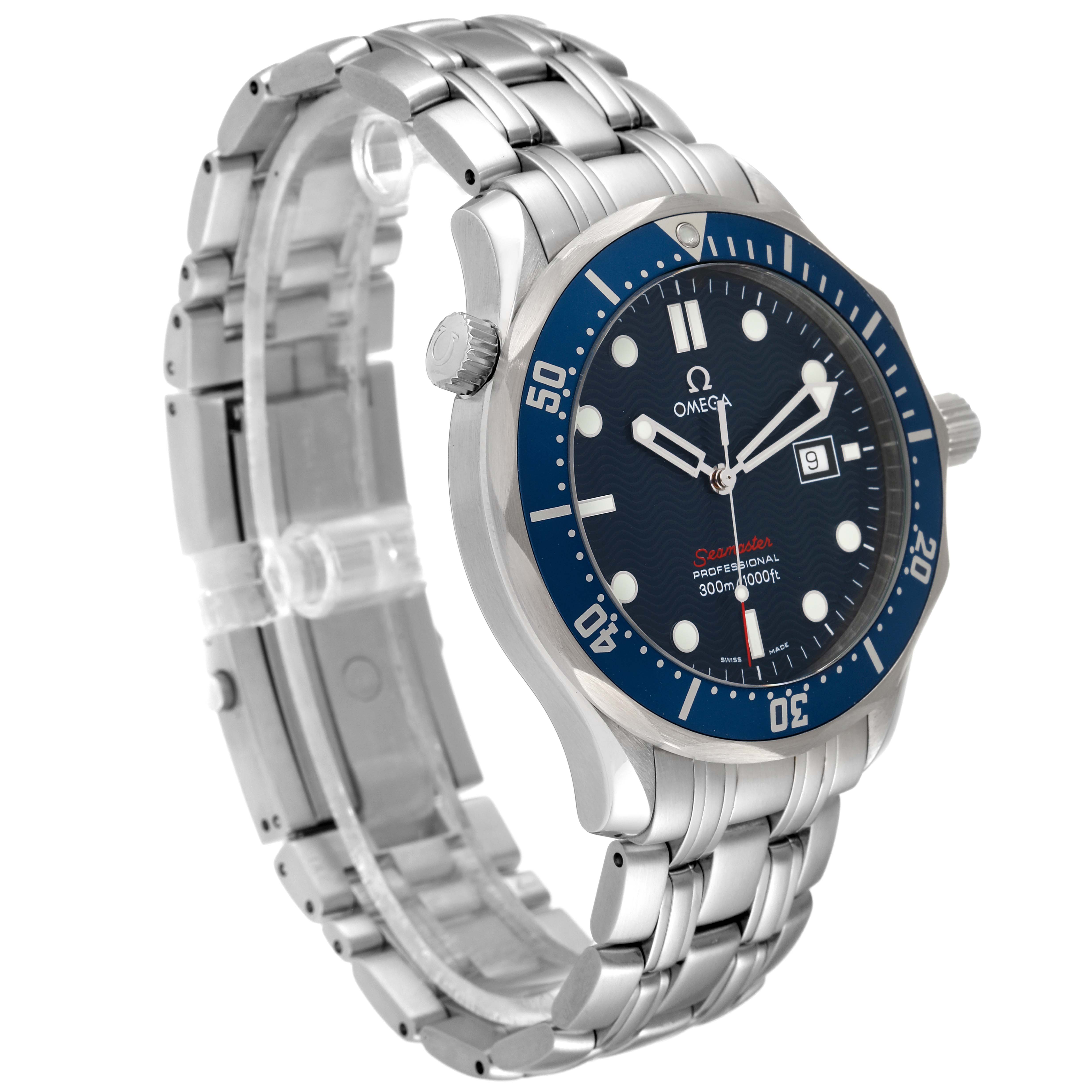 This image shows the Omega Seamaster 2221.80.00 Men's Stainless Steel Blue Dial 2221.80.00 Men's Stainless Steel Blue Dial watch from a slight right side angle, featuring its face, bezel, and metal bracelet.