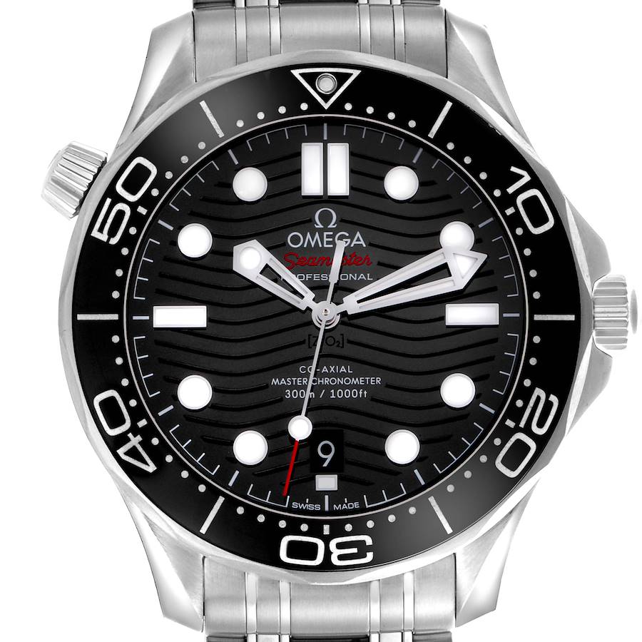 The Omega Seamaster watch is shown from the front, displaying its dial, bezel, hands, and part of the bracelet.