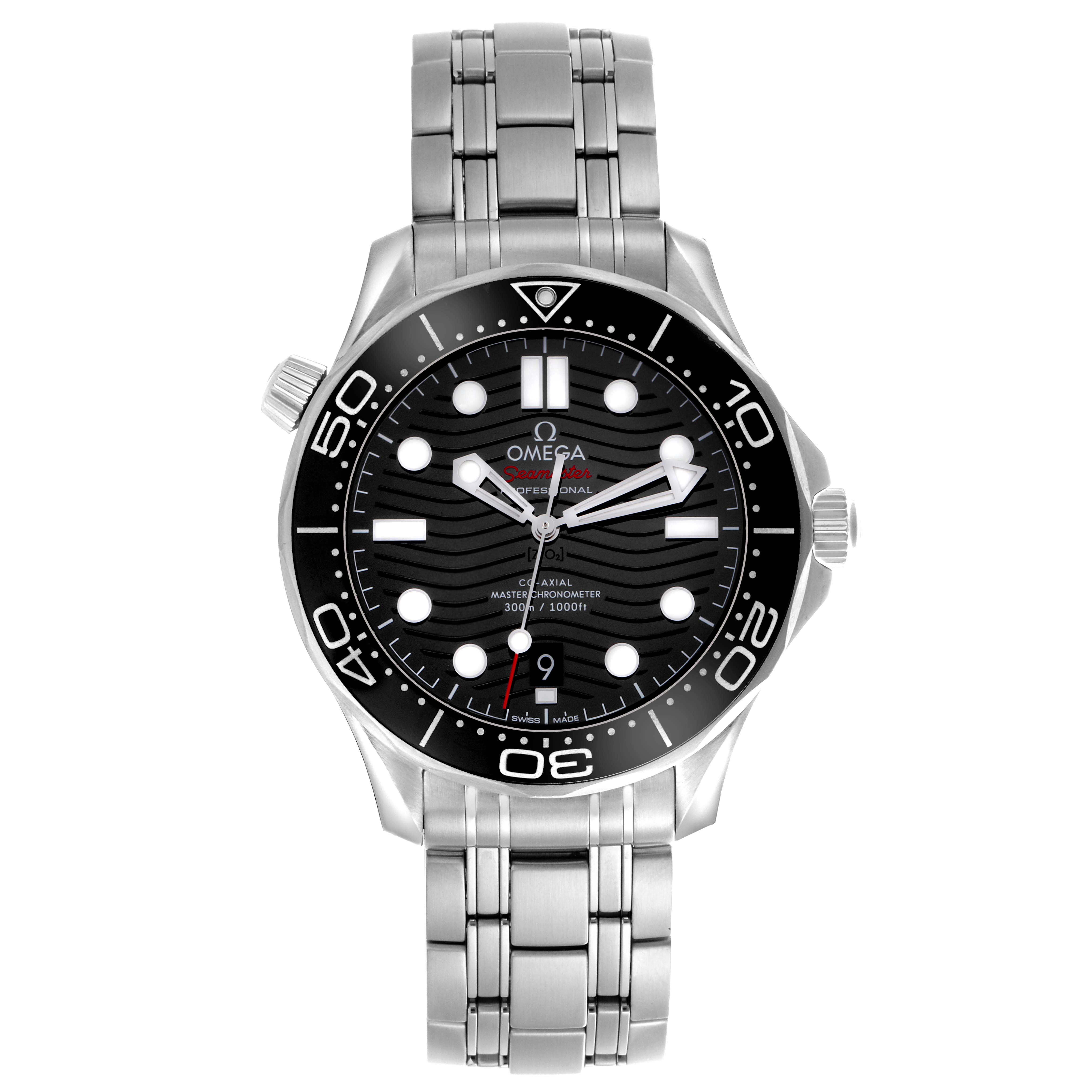 The Seamaster model by Omega is shown from the front, displaying the face, bezel, crown, and bracelet.