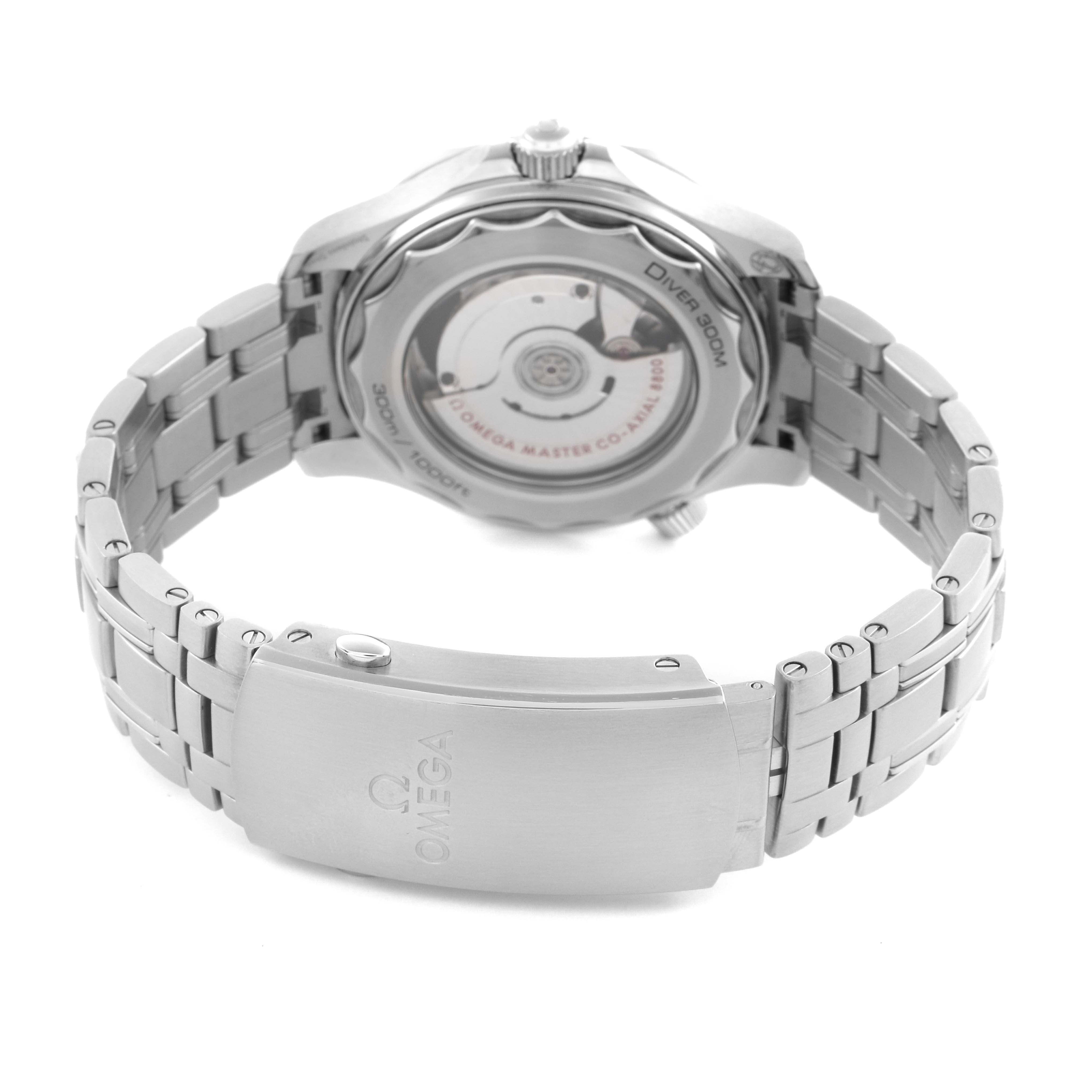 The Omega Seamaster 210.30.42.20.01.001 Men
s Stainless Steel Black Dial 210.30.42.20.01.001 Men
s Stainless Steel Black Dial watch is shown from the back, highlighting the open case back and metal bracelet clasp.